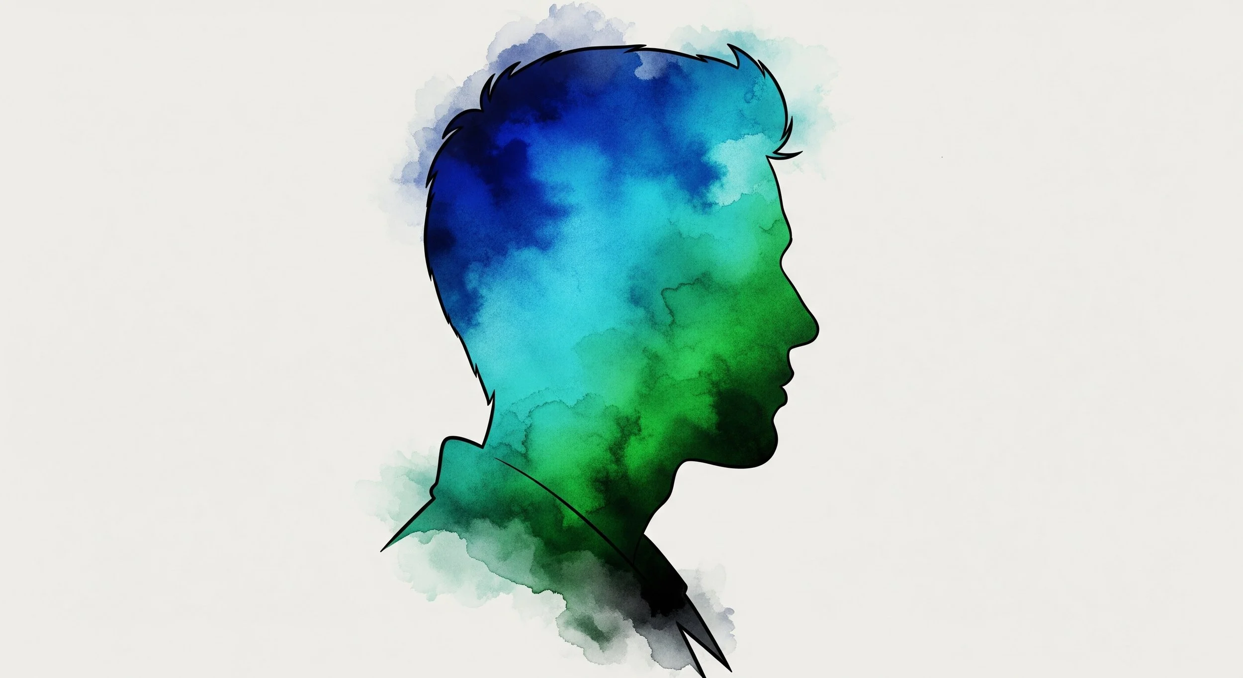 A silhouette of a person's profile filled with a watercolor pattern of blue, green, and black colors.