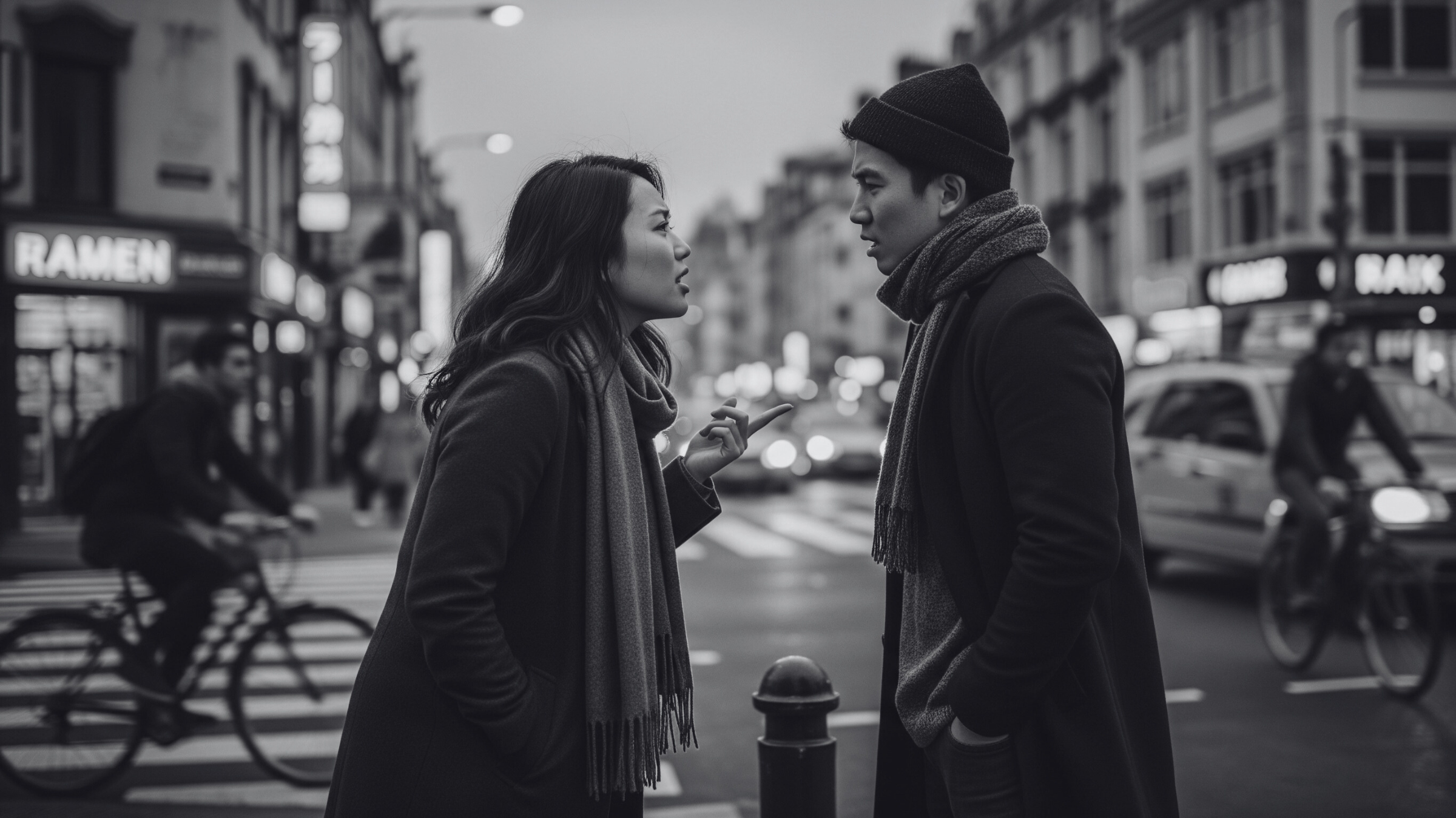 A black-and-white photo of a woman and a man standing face-to-face on a city street. The woman is gesturing with her hand, and they appear to be having an intense conversation. People and bicycles are visible in the background.