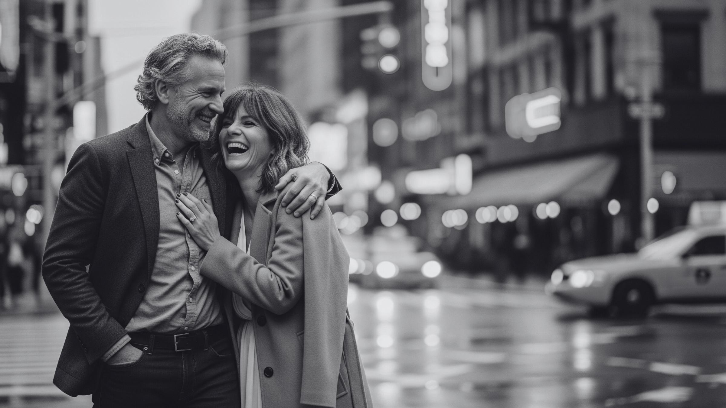 A black-and-white photo of a happy couple laughing and embracing on a city street, with blurred city lights and cars in the background.