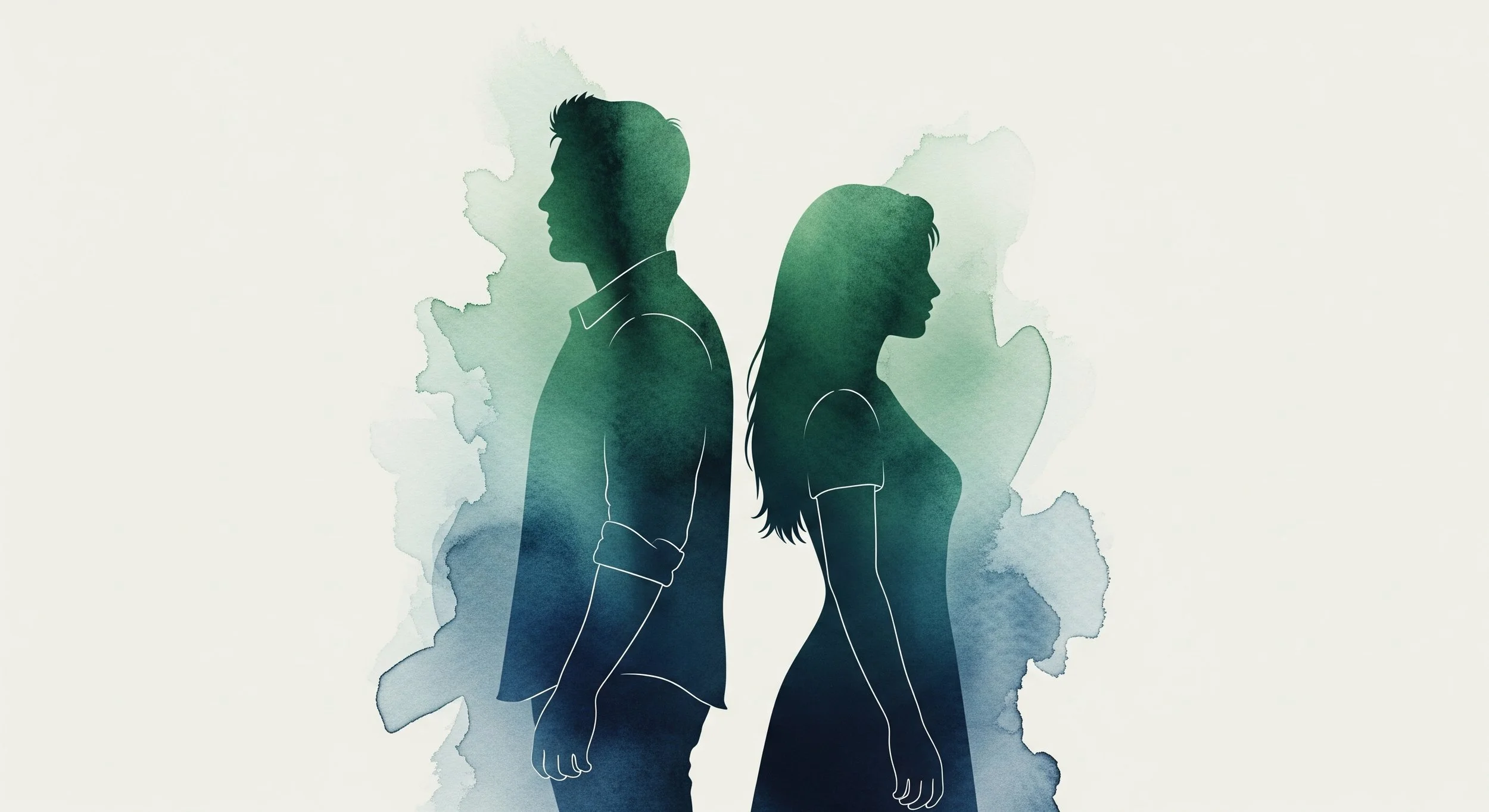 Silhouettes of a young man and woman standing back to back, with watercolored background