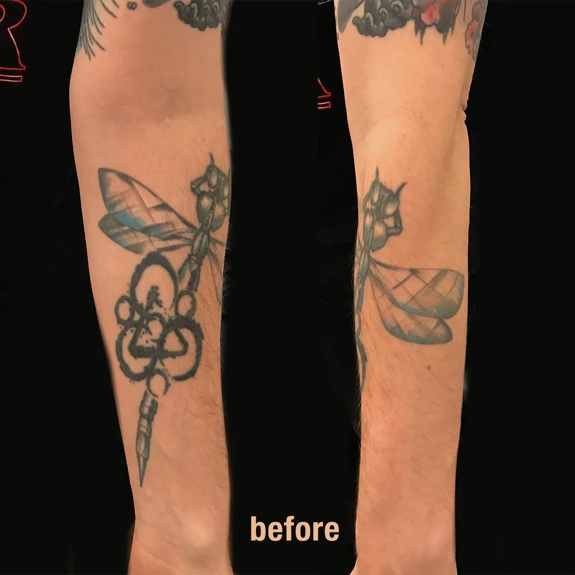 Tattoo of a dragonfly with detailed wings and a decorative, ornate design on the body, on a person's forearm.