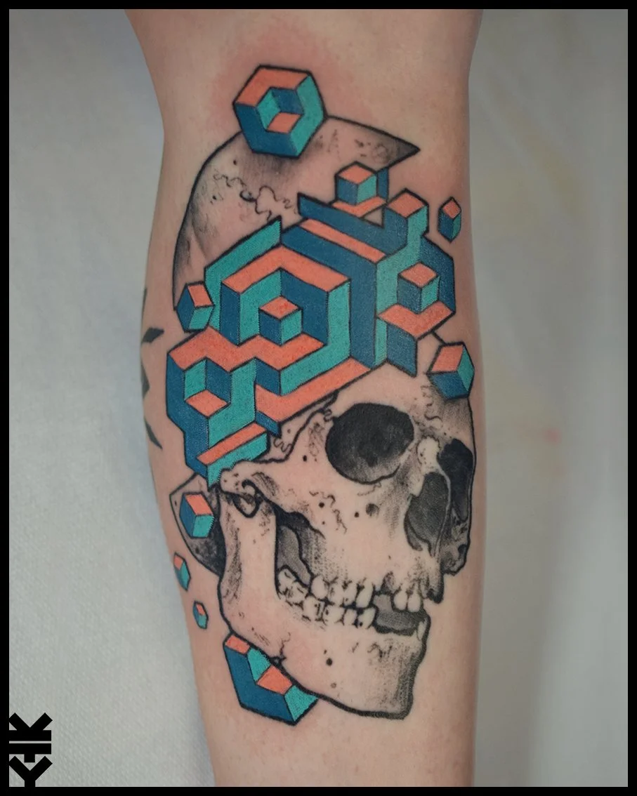 Tattoo of a realistic skull with geometric 3D cube and maze patterns emerging from the top in shades of blue and pink.