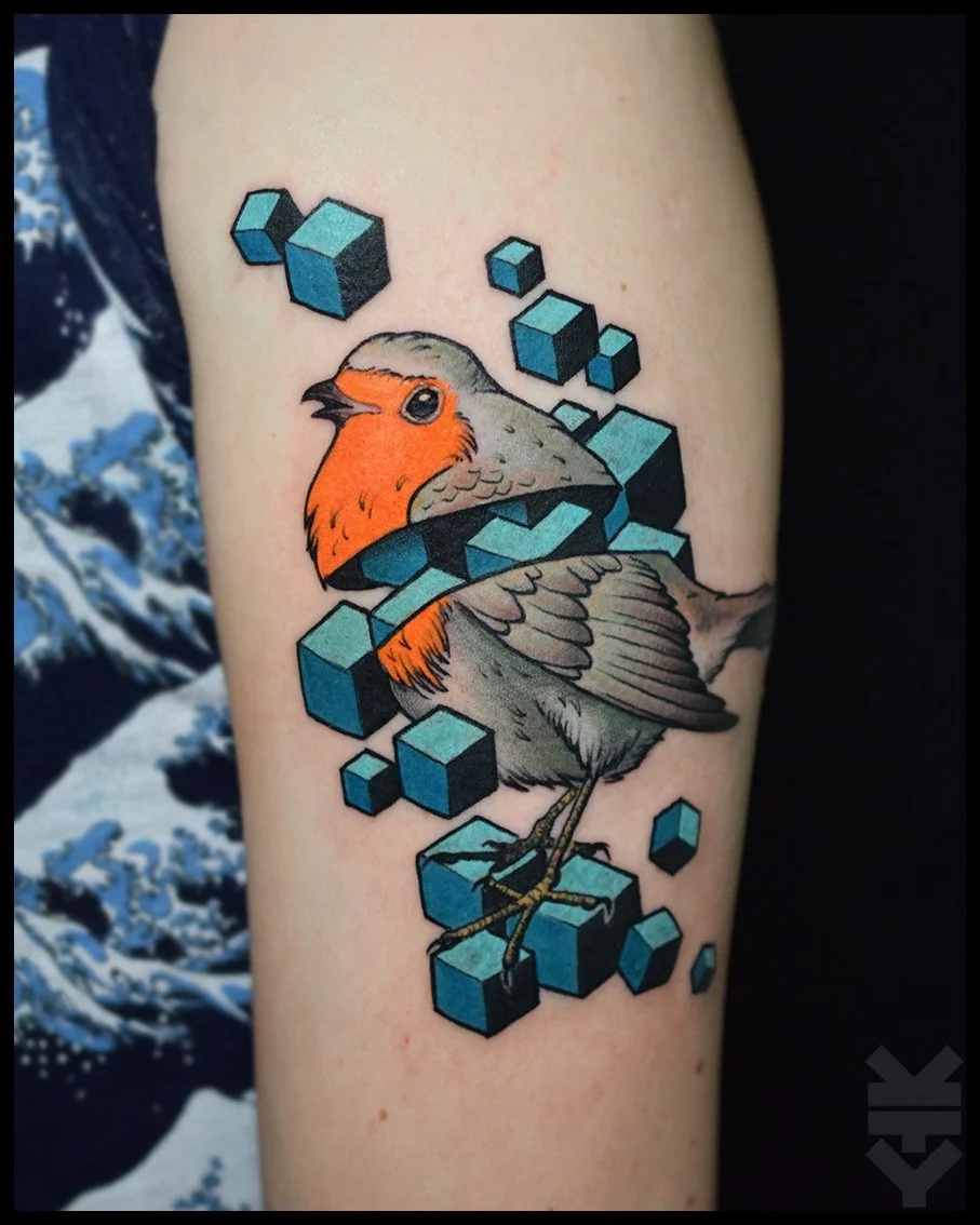 Tattoo of a robin surrounded by floating 3D geometric cubes on a person's arm.