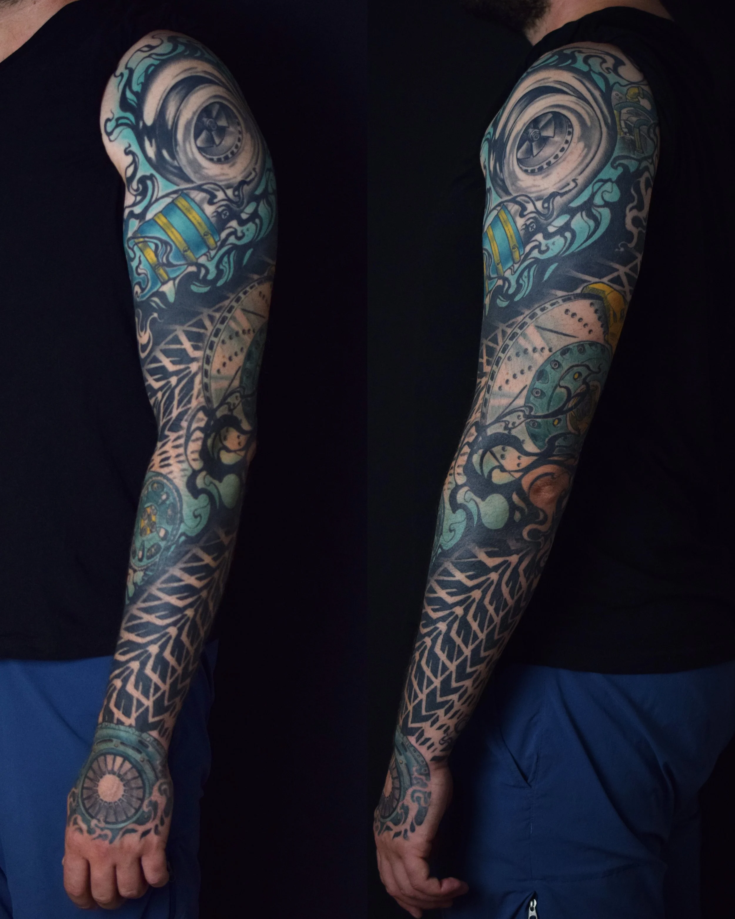 Full sleeve tattoo featuring a swirling storm with an eye in the center, mechanical elements, and geometric patterns in black, gray, blue, and green ink.