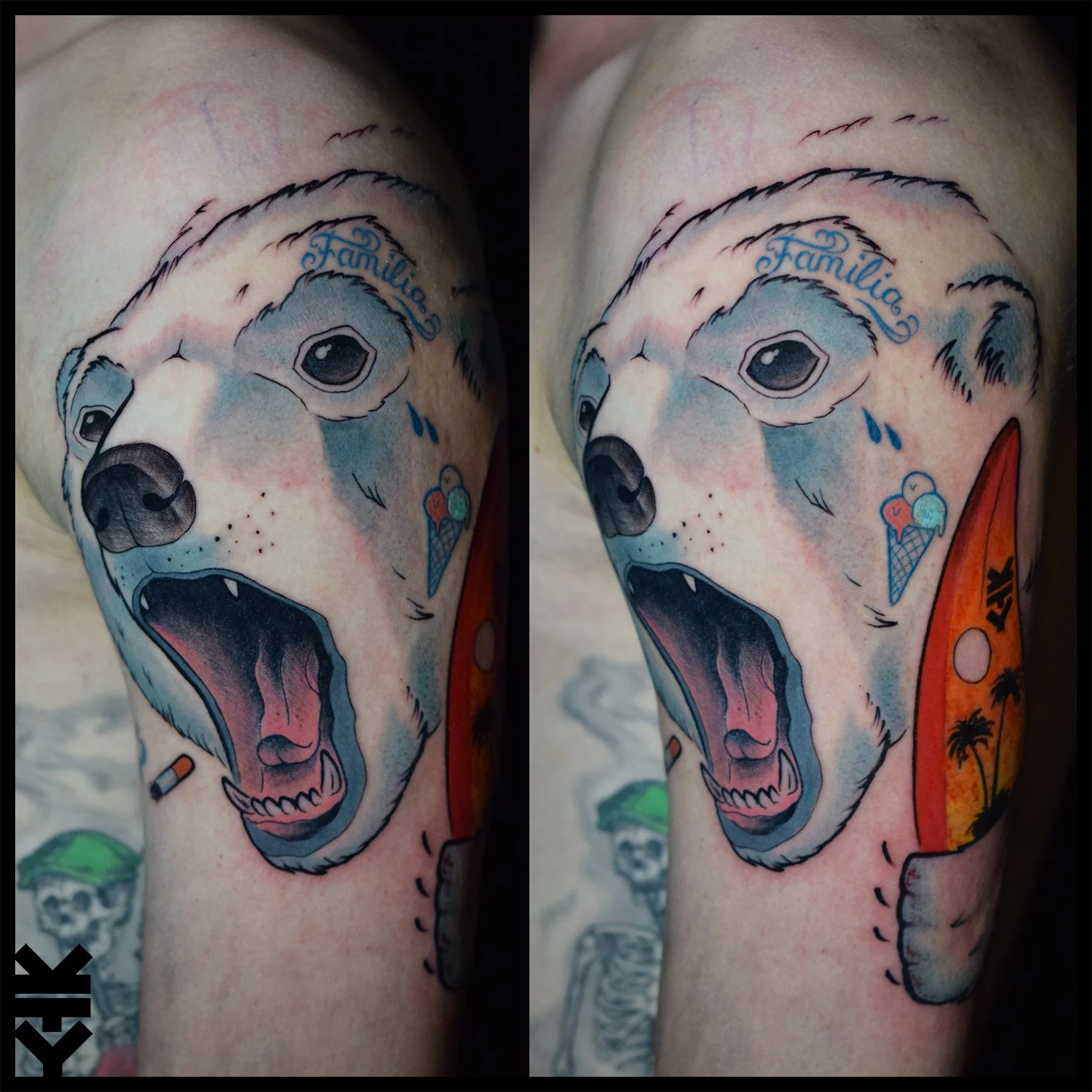 Tattoo of a dog's face with an open mouth, showing teeth, and tears near the eye. The dog has the word "Familia" above its head. The tattoo includes an ice cream cone, a cigarette, and a surfboard with palm trees and a sunset scene.