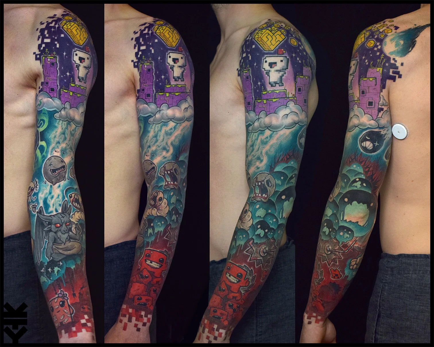 Colorful sleeve tattoo featuring pixel art of a ghost, purple castle, clouds, and various monsters from video game themes, with a mix of vibrant blues, reds, and purples.