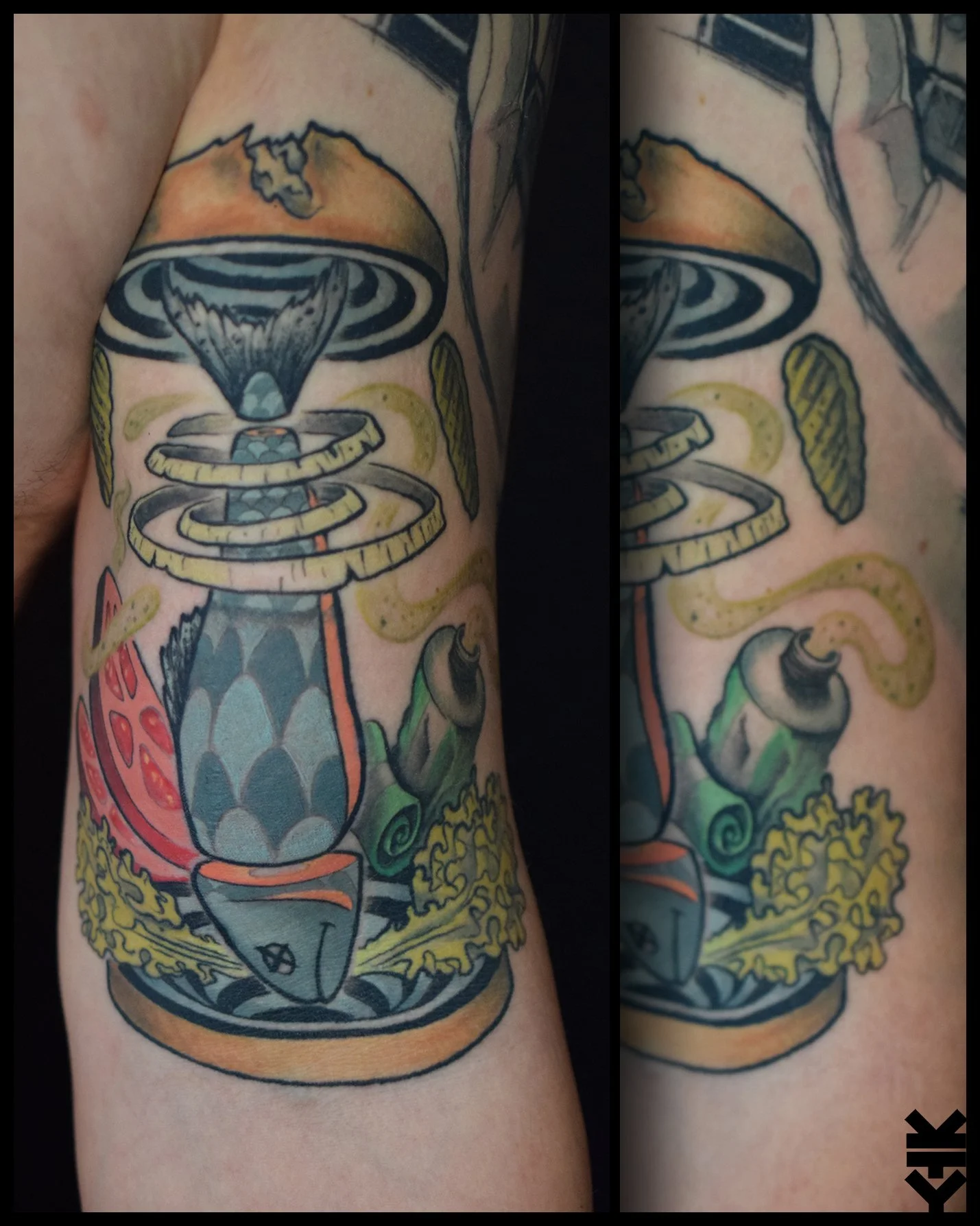 Colorful tattoo on a person's arm depicting a stylized lantern, with elements like leaves, spirals, and abstract patterns.