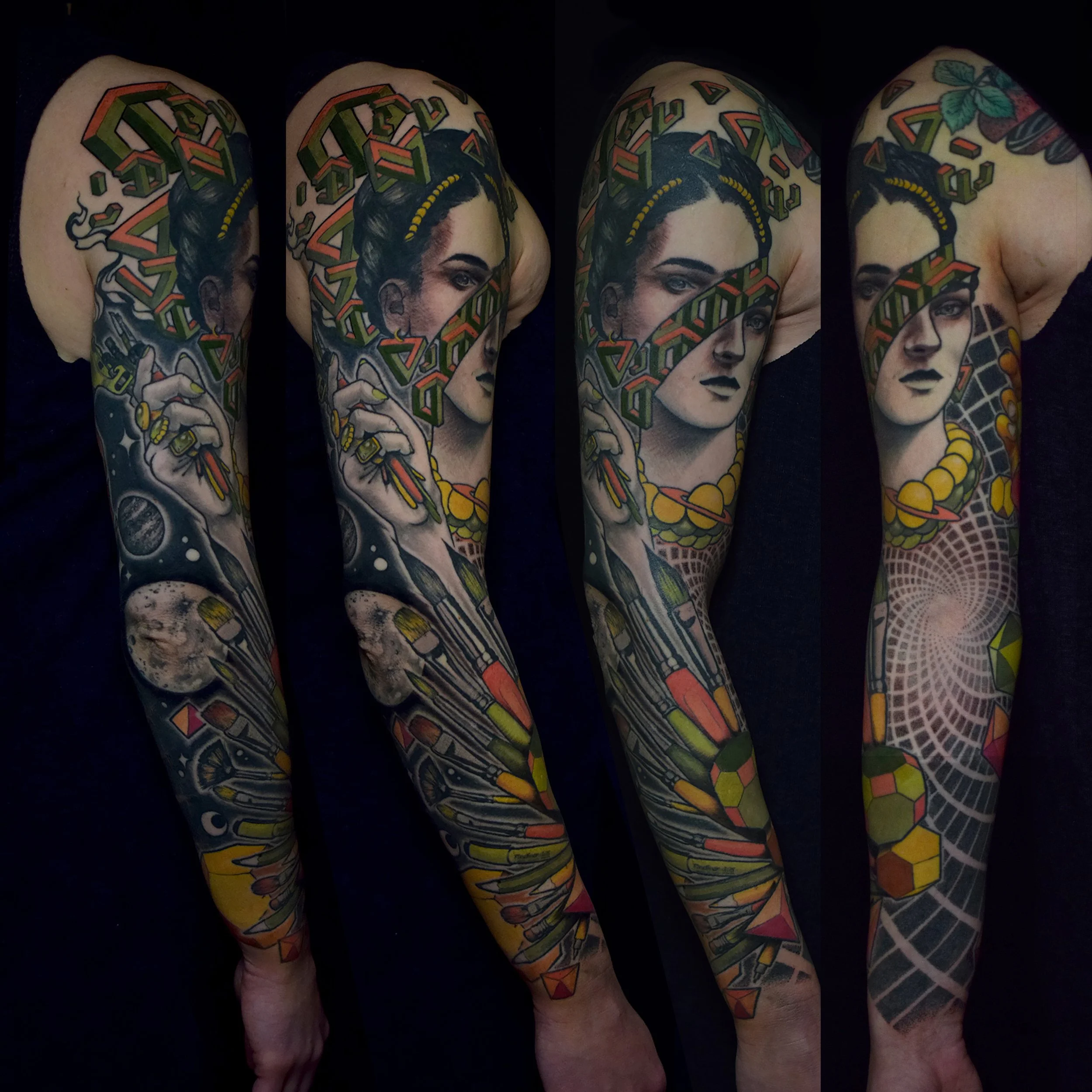 Colorful sleeve tattoo featuring a woman's face with dark hair, geometric patterns, planets, and space-themed elements.