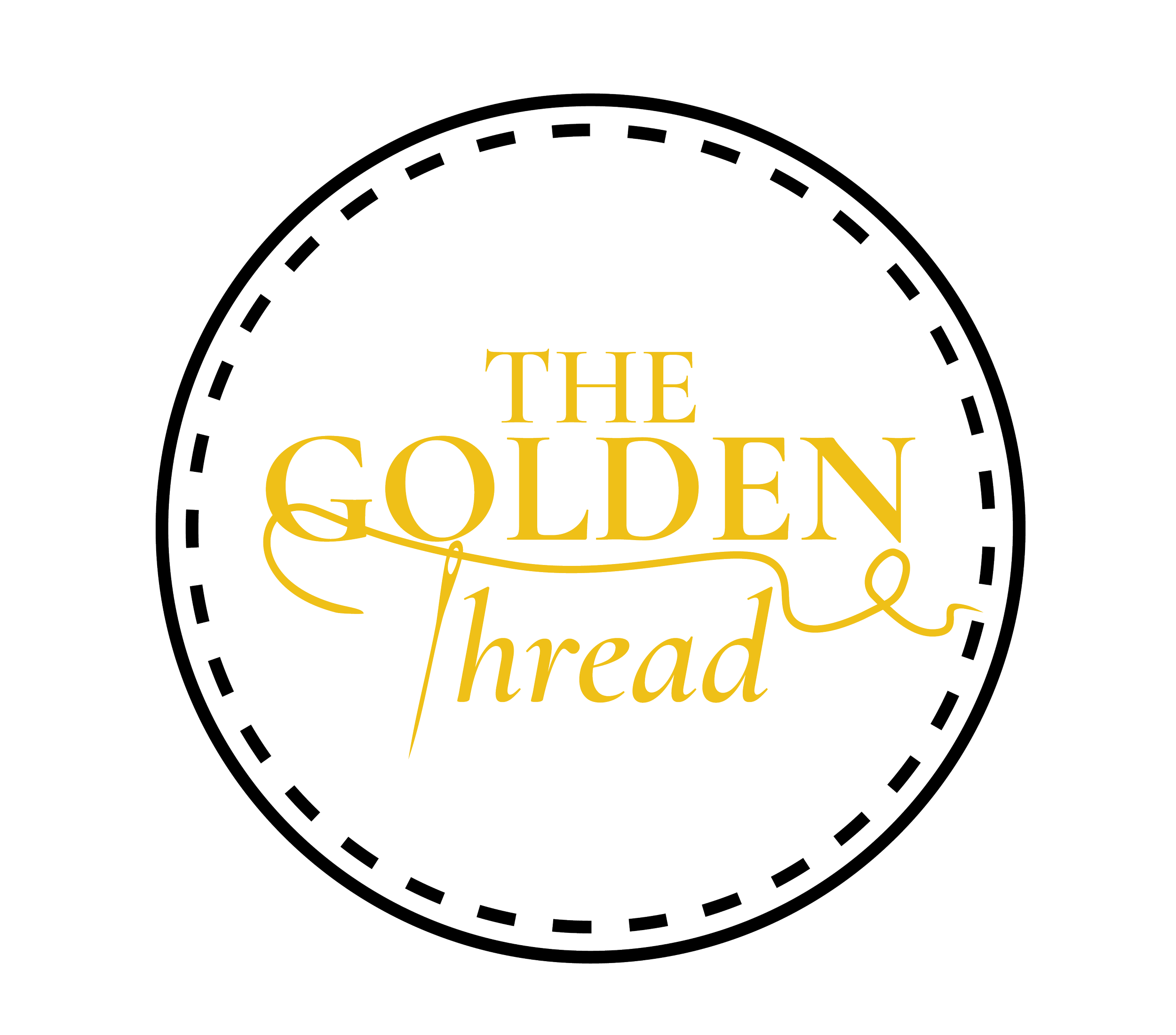 Logo for The Golden Thread, featuring a black background with a circular border, and gold text that reads 'The Golden Thread' with a thread-like line weaving through the words.