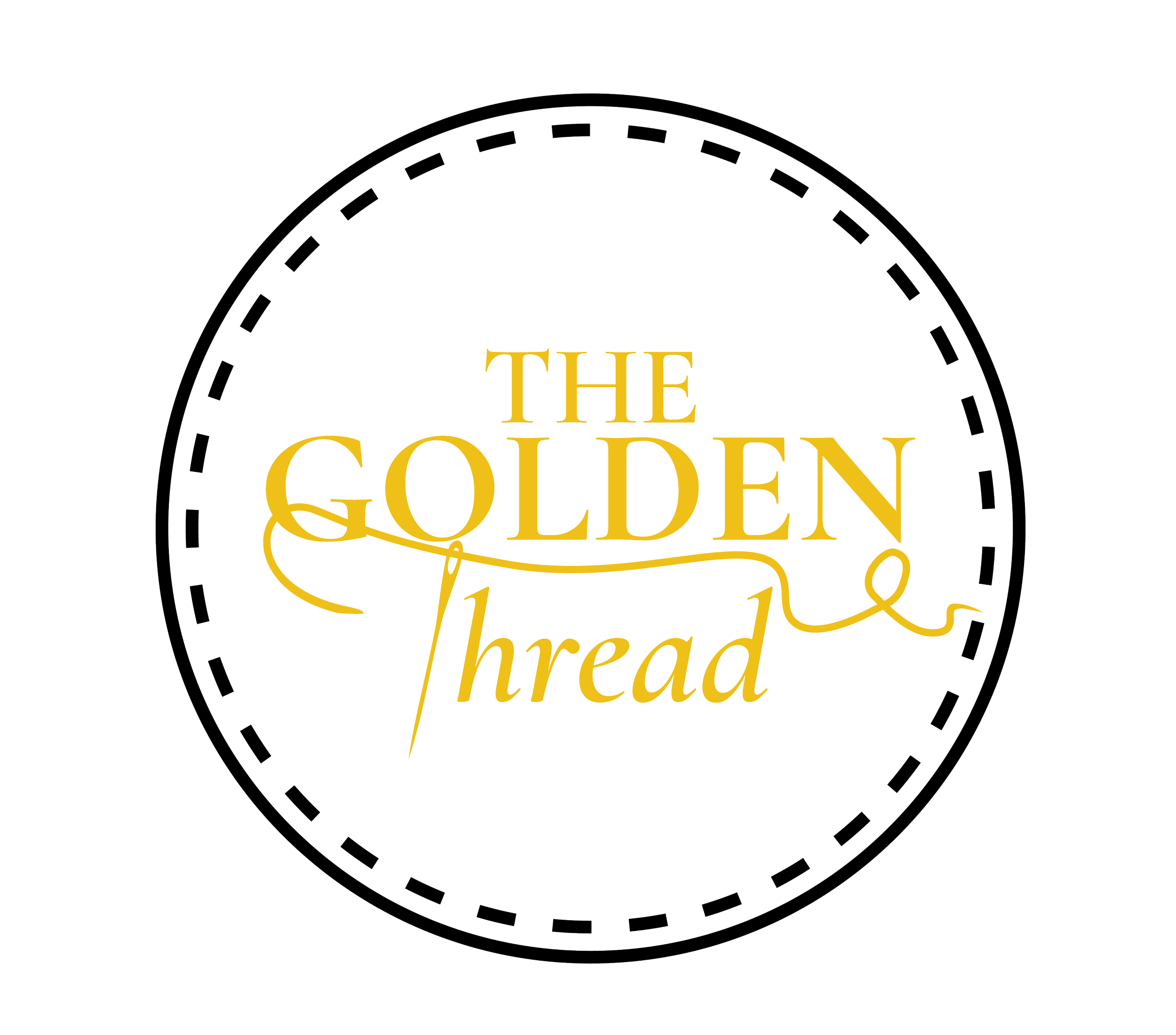 Logo for 'The Golden Thread' featuring gold-colored text on a black background with a circular stitched border, and an illustration of a needle and thread integrated into the text.