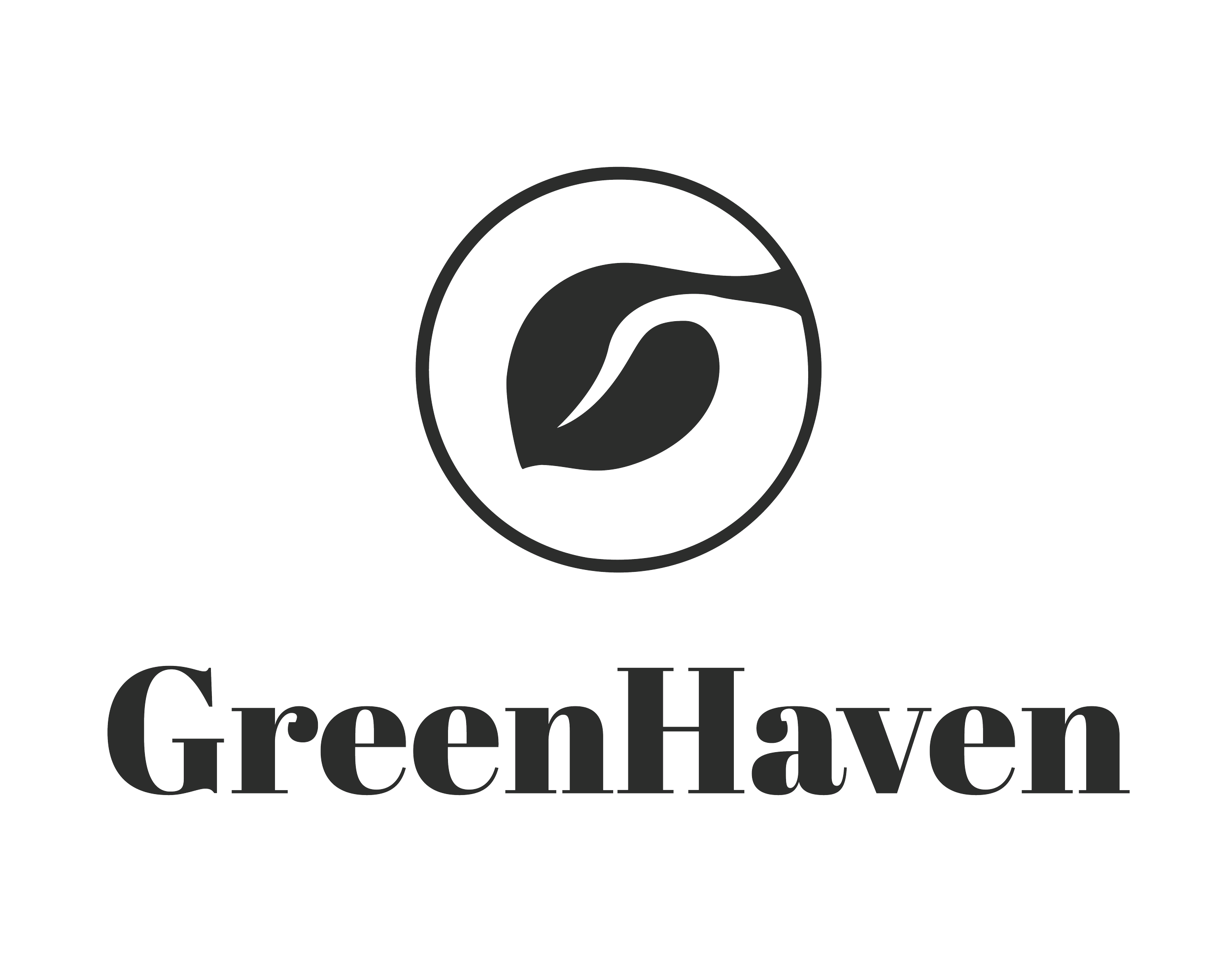 Gray and black logo of GreenHaven with a leaf inside a circle and the words 'GreenHaven' below.