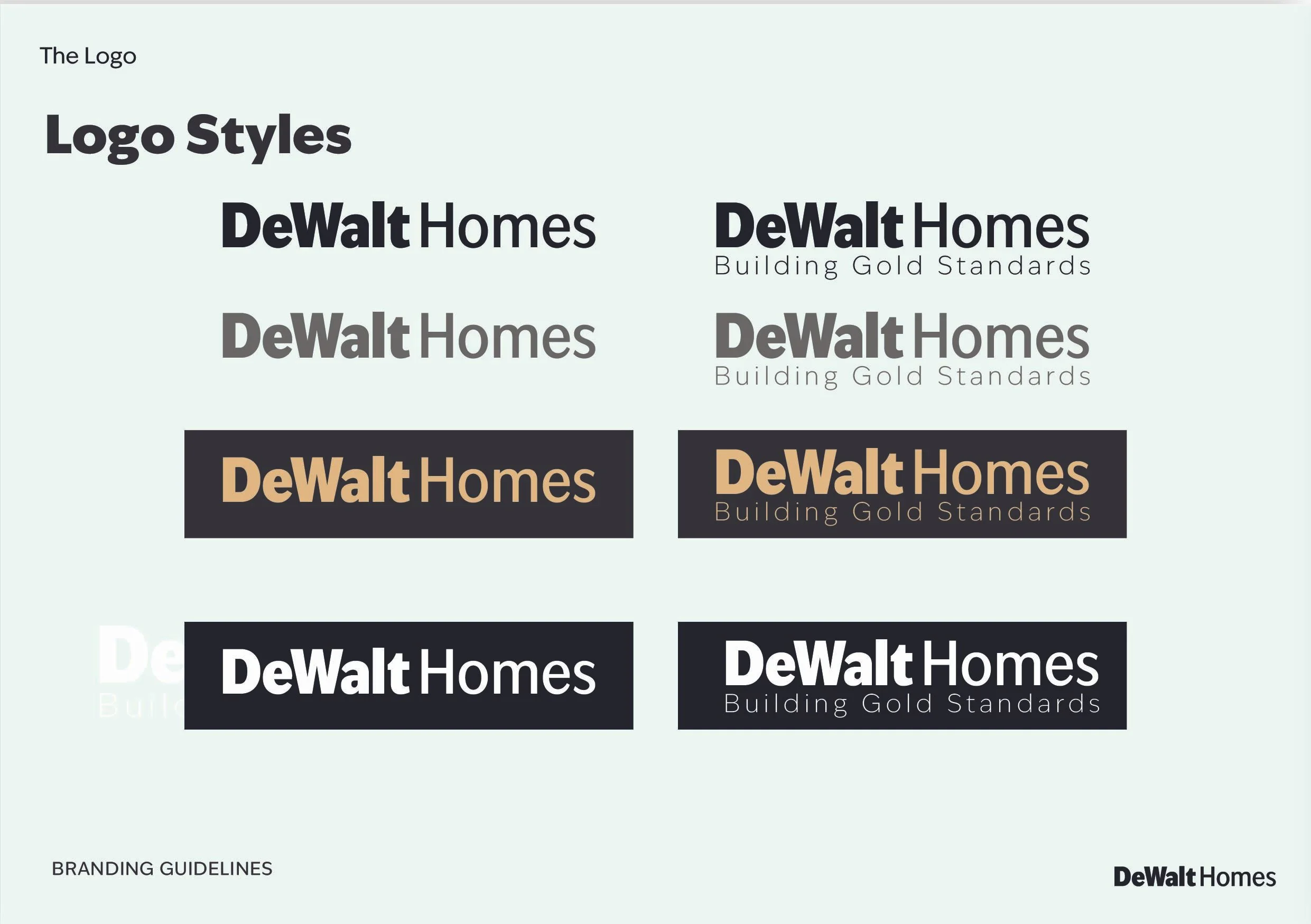 Presentation slide showing different logo styles for DeWalt Homes, including variations in font weight, color, and tagline 'Building Gold Standards'.