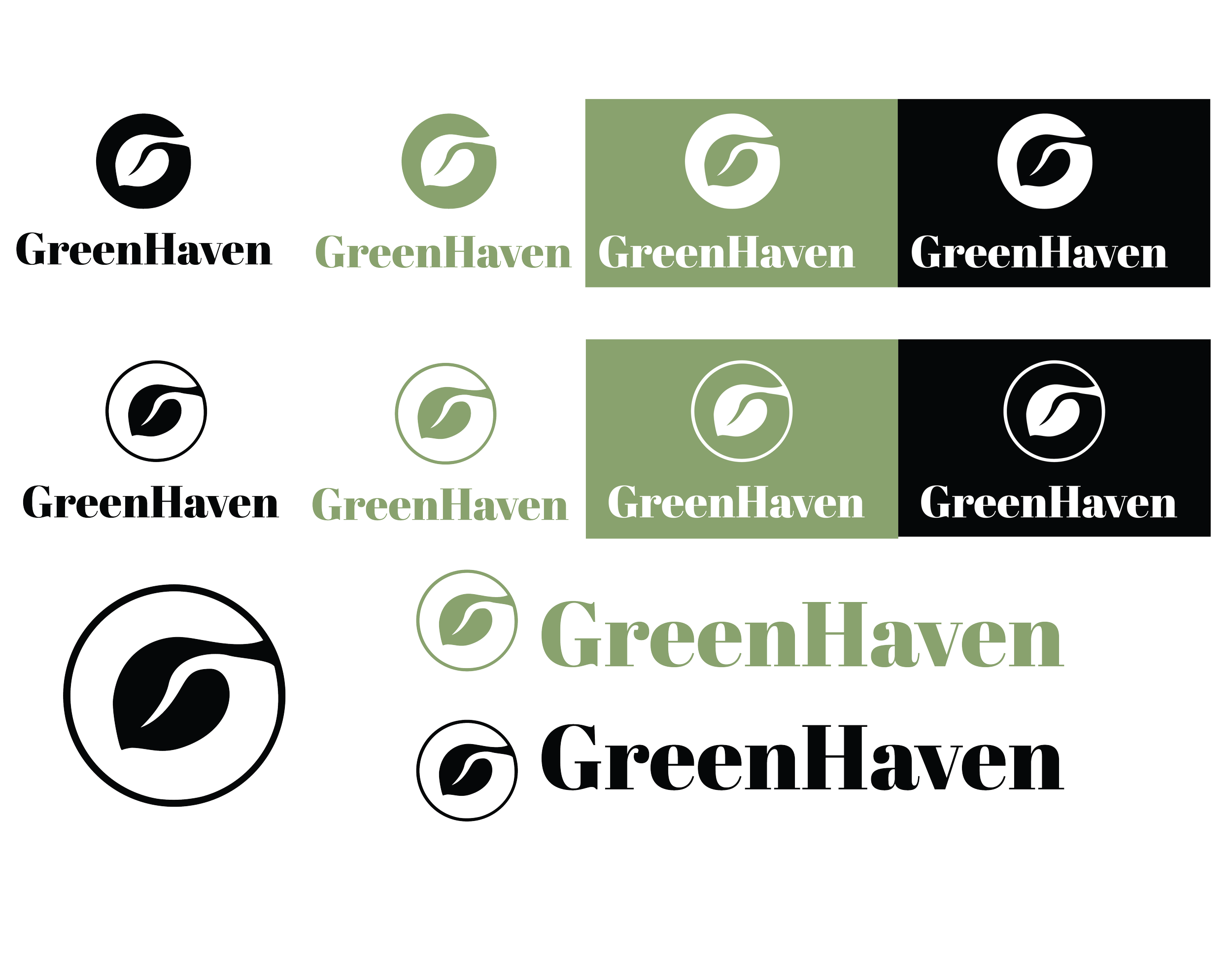 Comparison of different GreenHaven logo designs, showing variations in color, size, and font style, including black, green, and white versions.