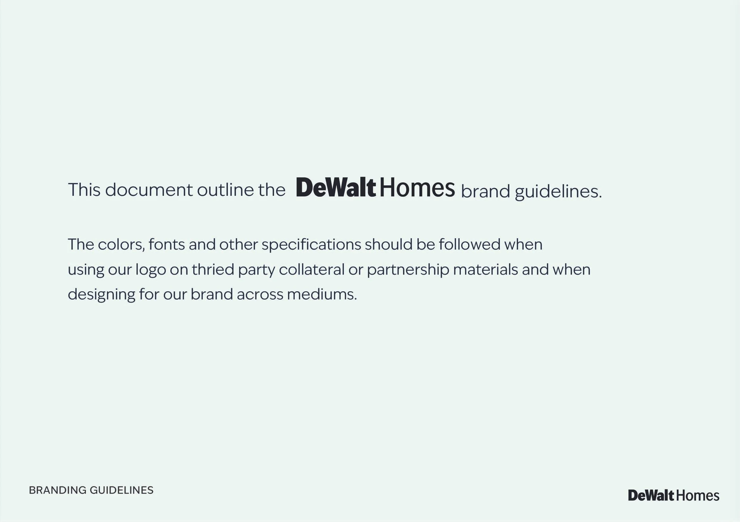 DeWalt Homes branding guidelines document with title and description on light green background.