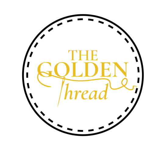 Logo with a dotted circle border containing the text 'The Golden Thread' in gold and black font.