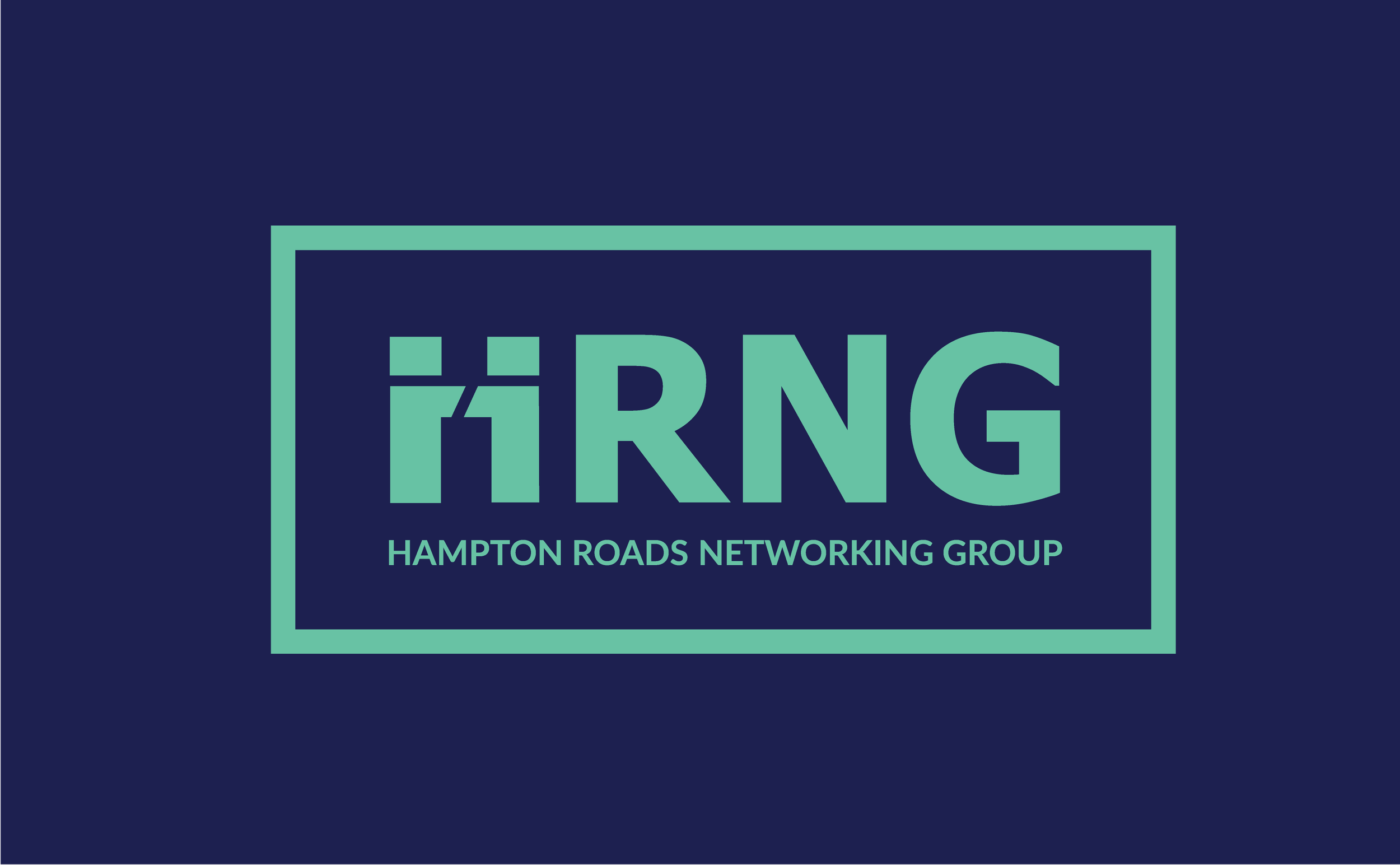 Graphic with the acronym 'HRNG' and the full name 'Hampton Roads Networking Group' inside a light blue rectangle on a dark blue background.