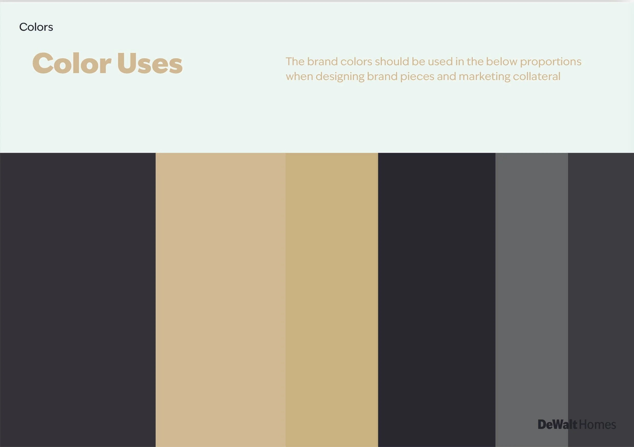 A color palette chart showing various shades of black, beige, and gray with the title 'Color Uses' and an explanation about brand colors usage in marketing, with the DeWalt Homes logo in the corner.