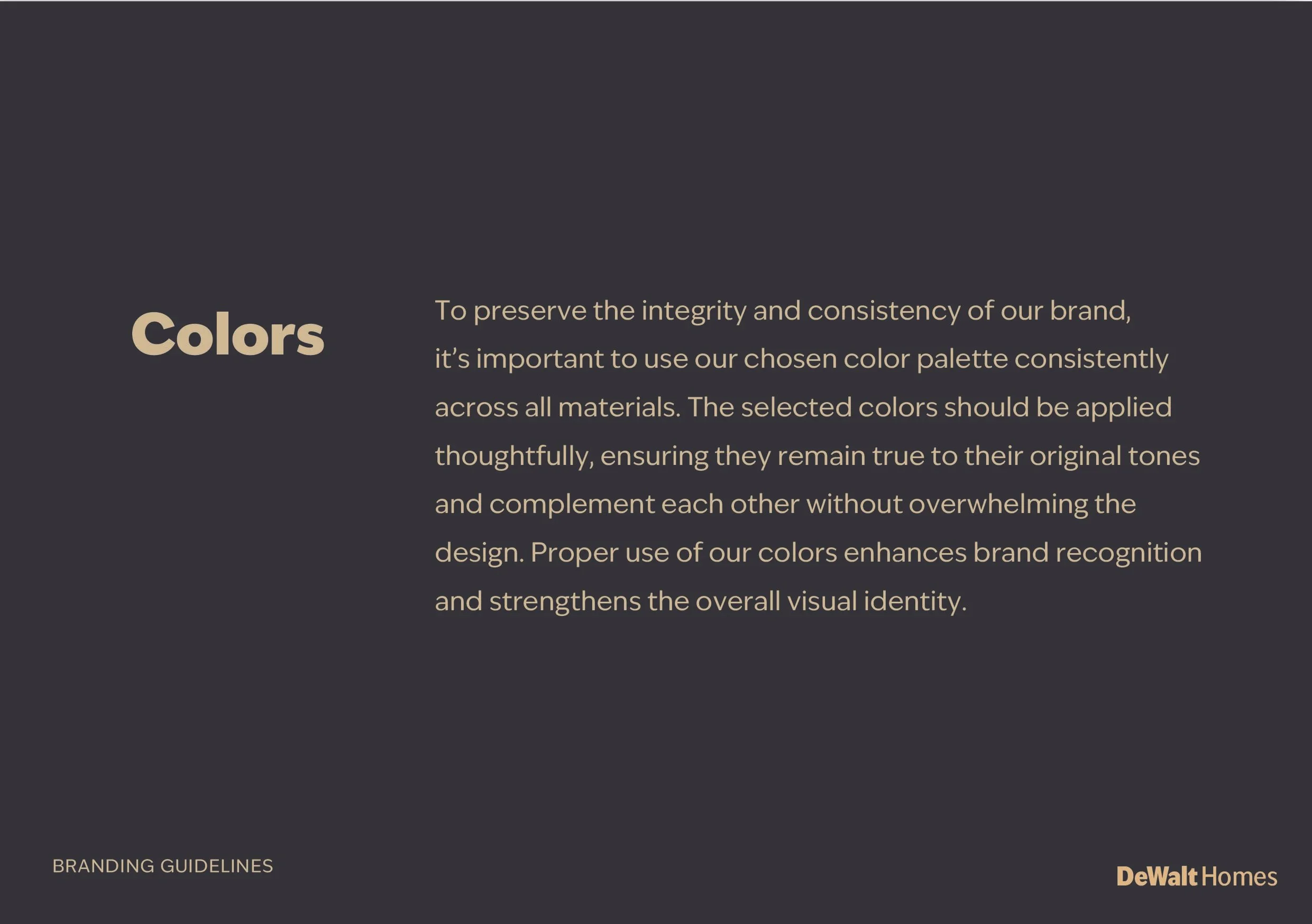 Branding guidelines on a dark background with beige and tan text about the importance of consistent use of color palettes in branding, with the DeWalt Homes logo at the bottom right.