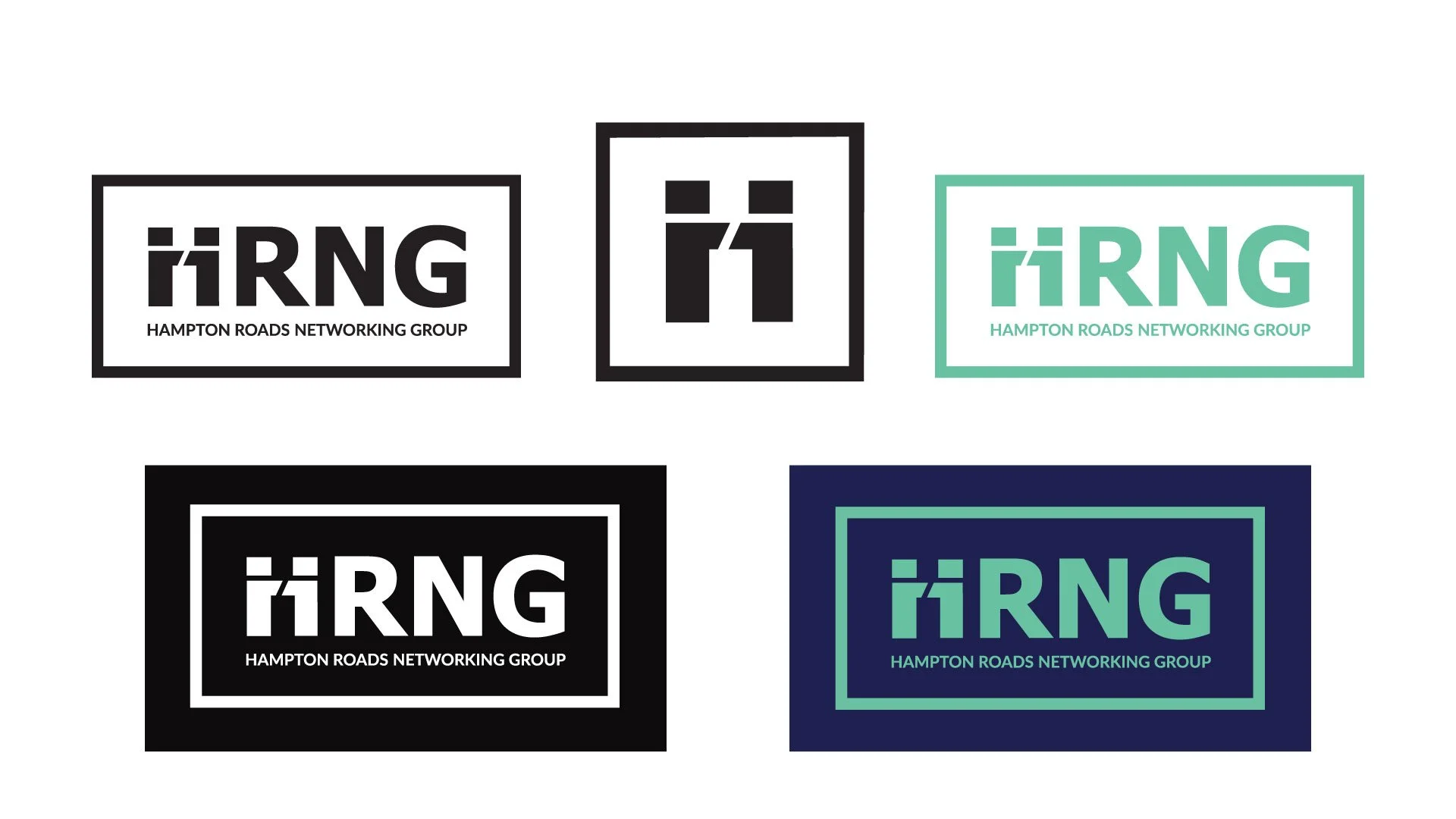 Six logo designs for Hampton Roads Networking Group (HRNG) with variations in color schemes and styles, featuring the HRNG abbreviation and full name.