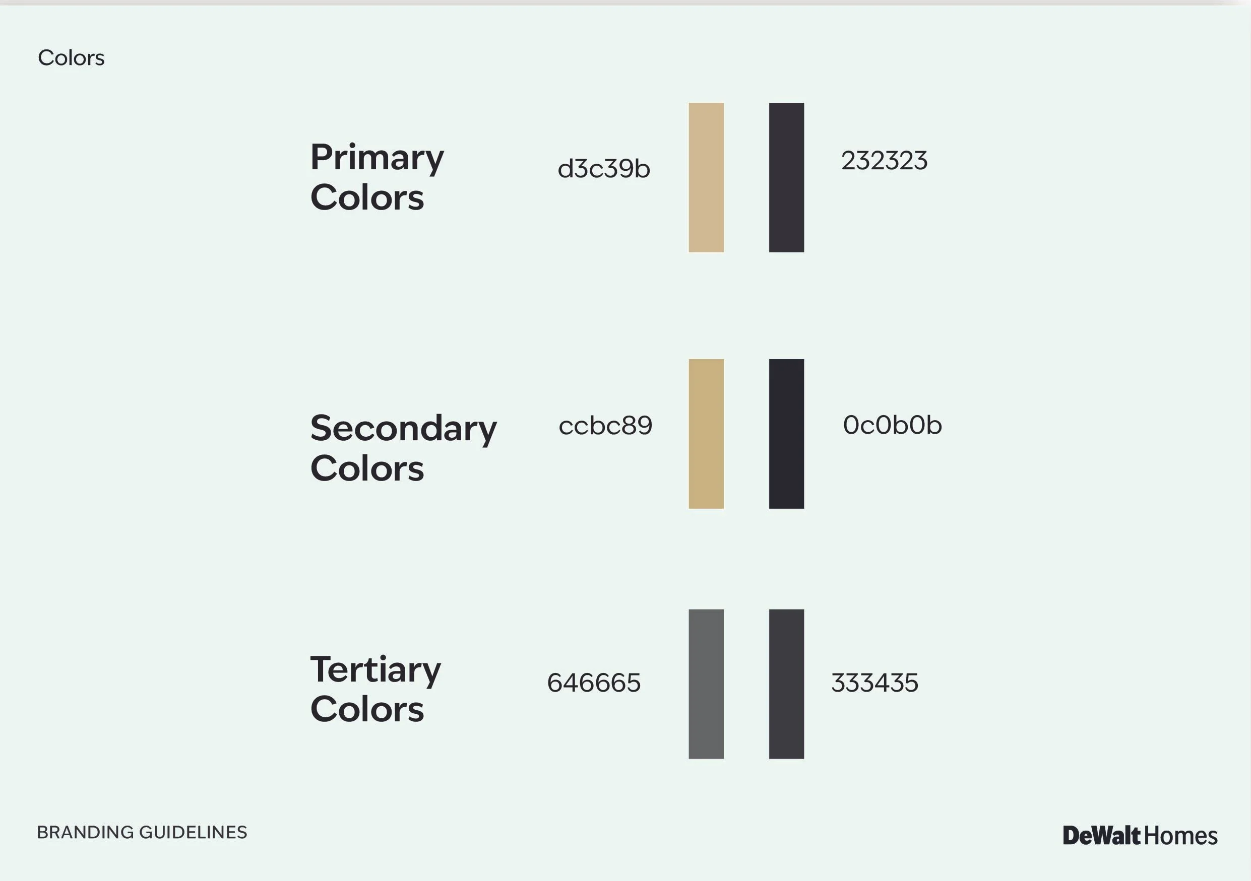 DeWalt Homes branding guidelines showing primary, secondary, and tertiary colors with color codes and sample color bars.