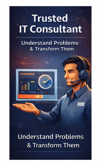 A digital graphic featuring a smiling man wearing a headset, holding out his hand, with a computer monitor displaying charts and graphs, promoting trust in IT consulting services.