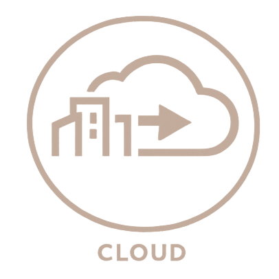 Cloud computing icon with buildings and an arrow inside a cloud outline, labeled 'CLOUD'.