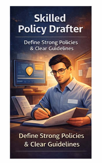 Cover image for a guide titled 'Skilled Policy Drafter' featuring a man in glasses writing at a desk, with computer screens and documents, emphasizing defining strong policies and clear guidelines.