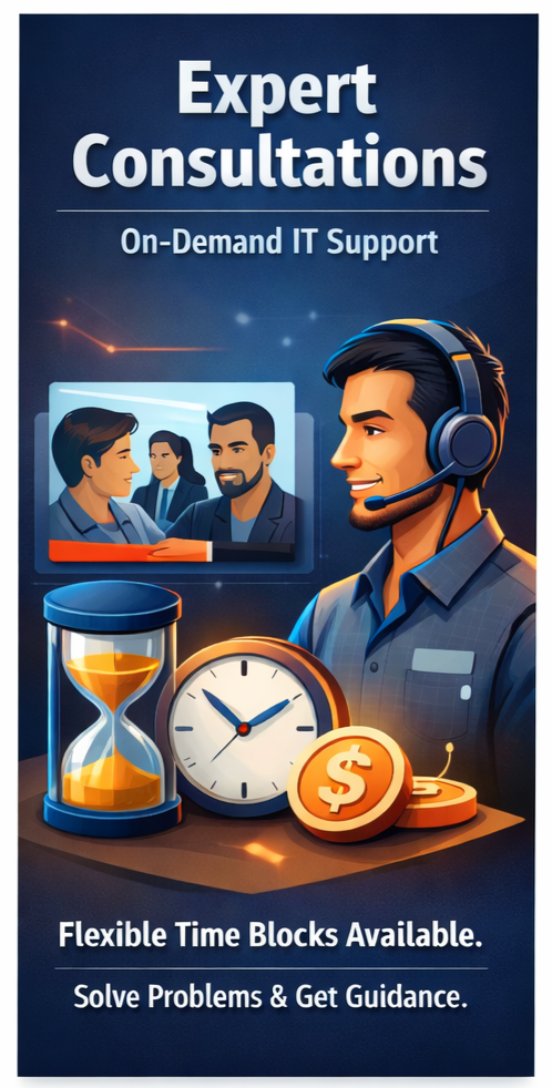 Promotional banner for expert consultations with on-demand IT support, featuring a customer support representative with a headset, a clock, coins, an hourglass, and a screen showing a discussion between professionals, emphasizing flexible hours and problem resolution.