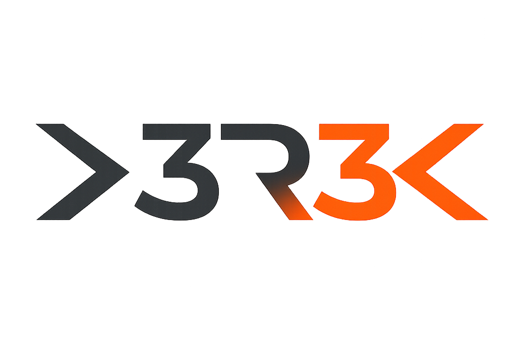 3D logo with black, gray, and red text reading '>3R3K' on a black background.