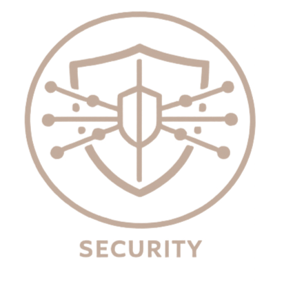 A shield with a padlock in the center, surrounded by circuitry lines, and the word 'SECURITY' underneath.