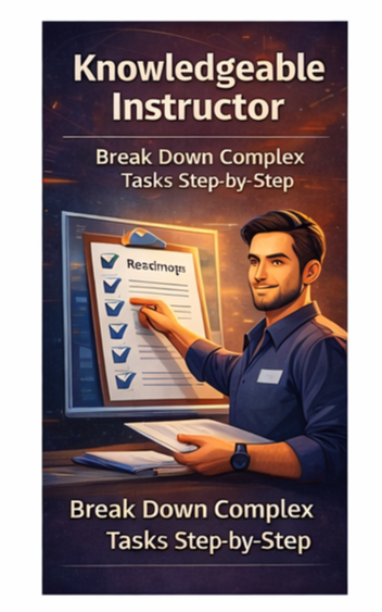 Book cover titled 'Knowledgeable Instructor' with subtitle 'Break Down Complex Tasks Step-by-Step' and an illustration of a man in a blue shirt pointing at a checklist on a tablet.