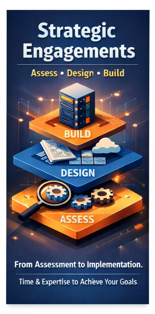Graphic illustrating the process of strategic engagements with three layers labeled Assess, Design, and Build, emphasizing moving from assessment to implementation.