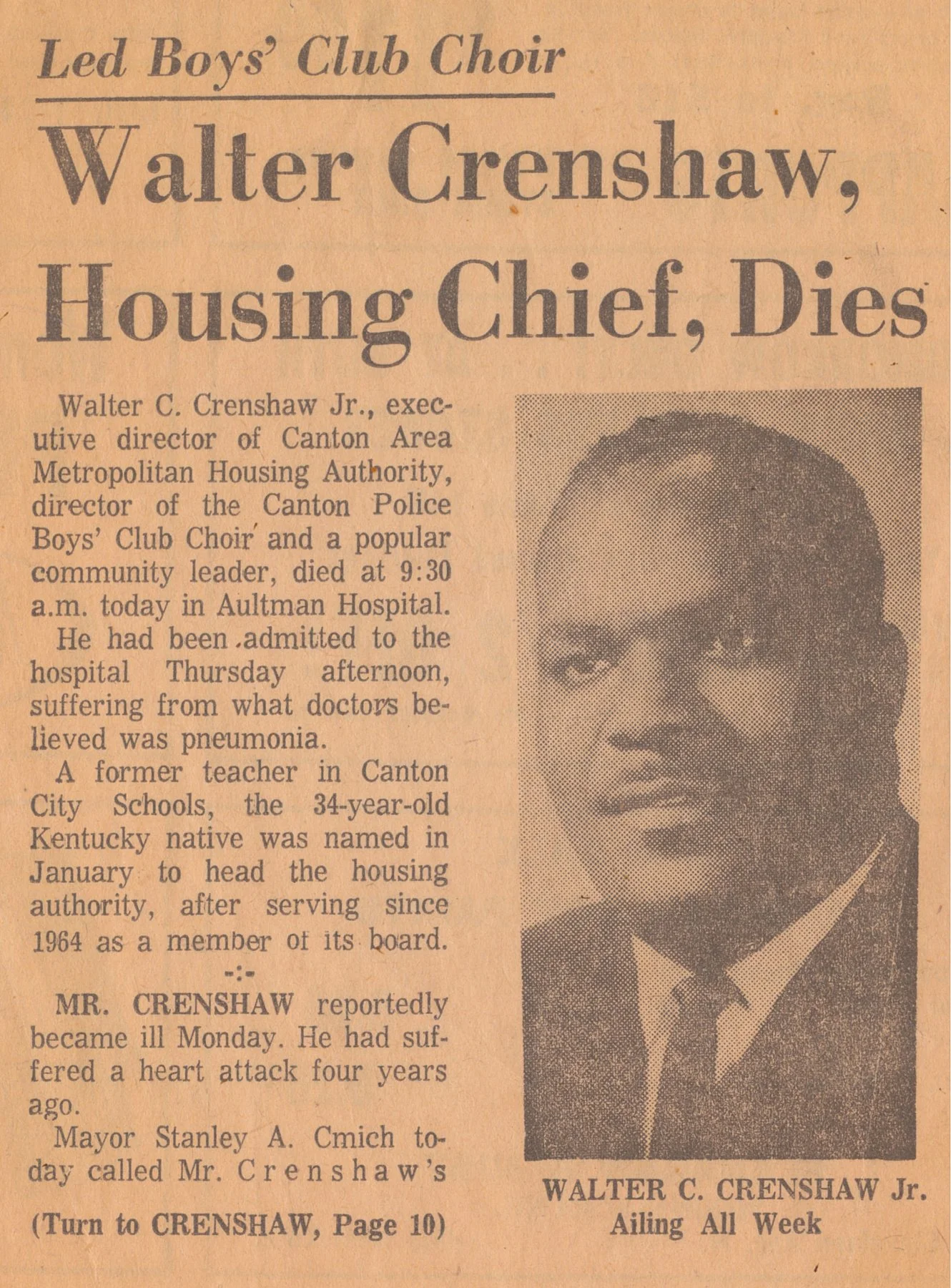 Newspaper clipping: Walter Crenshaw, Housing Chief, Dies