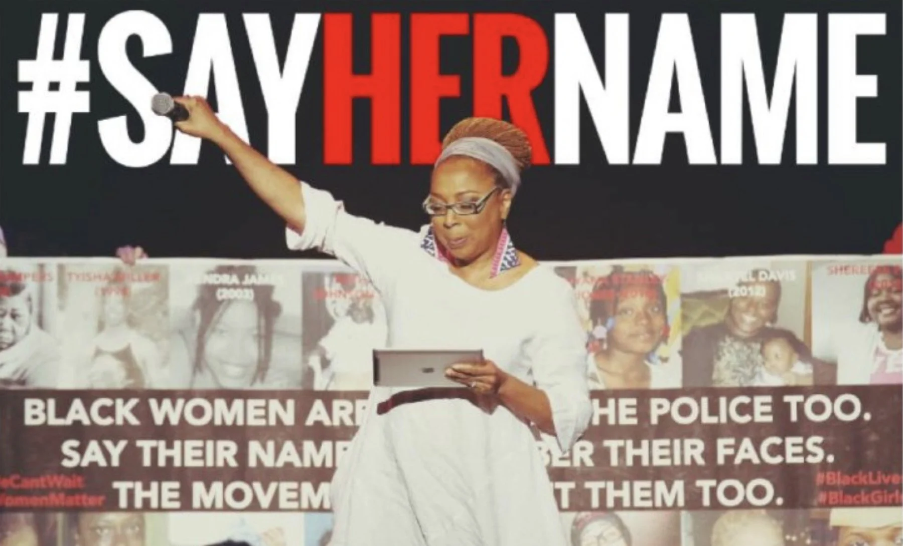 Kimberlé Williams Crenshaw with #SayHerName campaign background