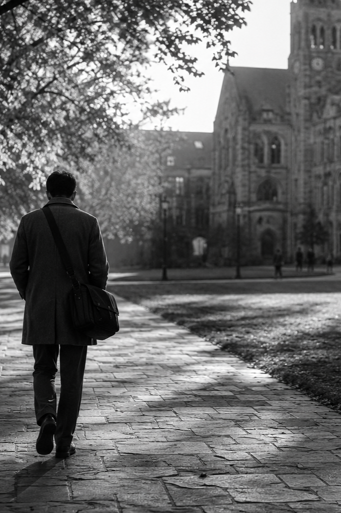 International student walking across a university campus, linking to The First Year Abroad webinar for undergraduate students and their families preparing to study abroad.