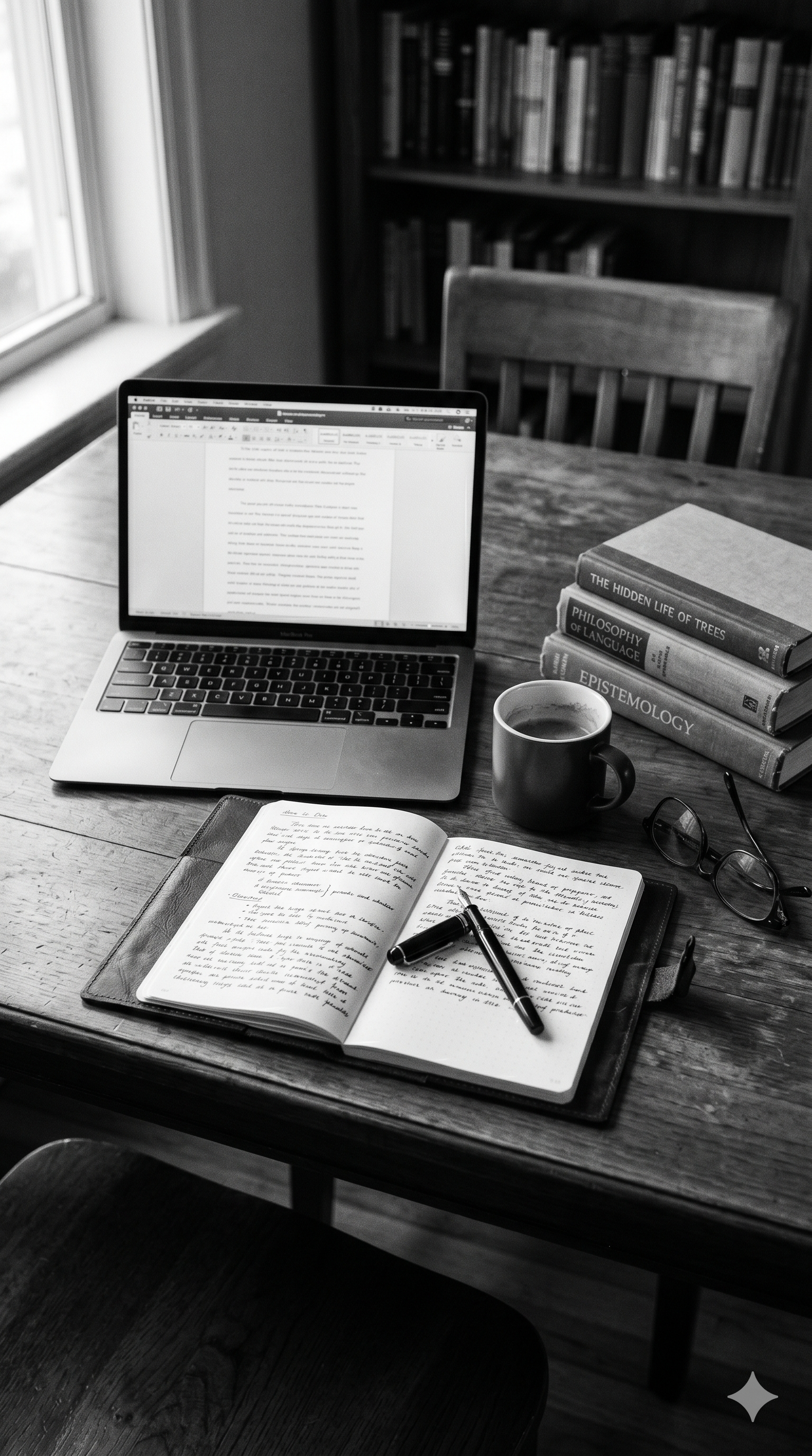 Black and white desk scene with laptop, books, notebook, coffee cup, and glasses, representing academic interview preparation