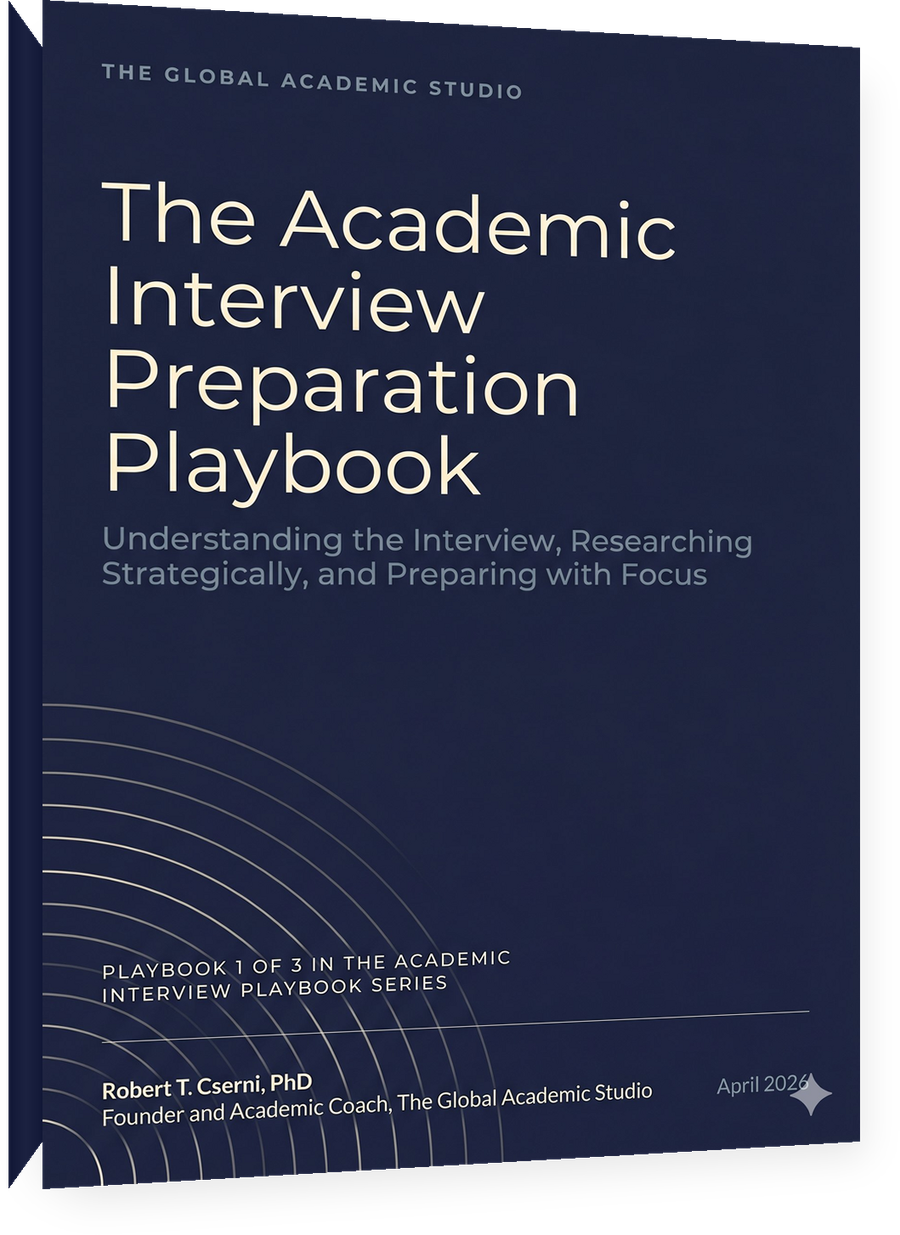 Cover of the Academic Interview Preparation Playbook by Dr Robby Cserni, a guide for preparing strategically for academic interviews