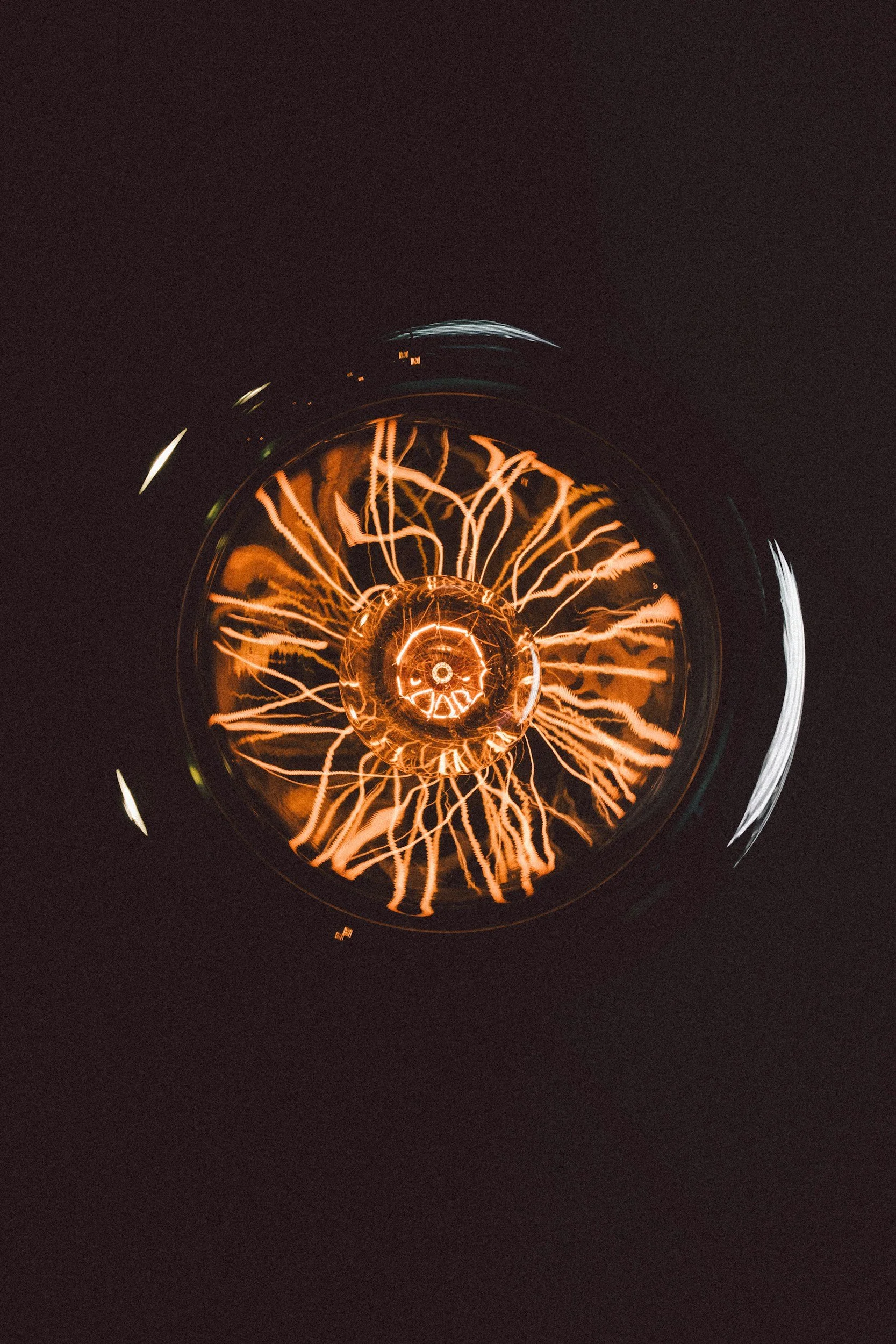 Close-up of an illuminated vintage Edison-style filament light bulb showing intricate glowing filaments in a dark environment.