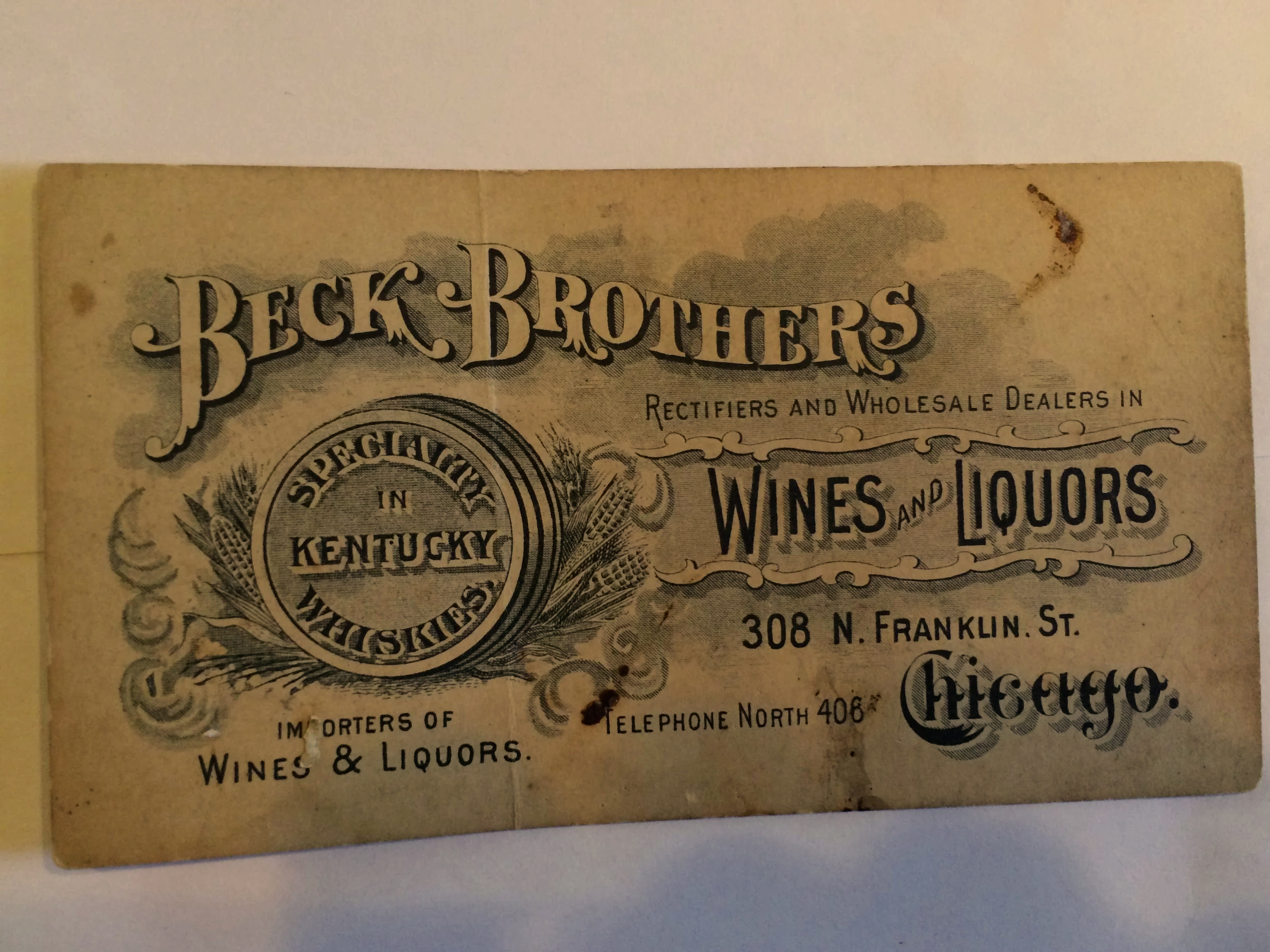 Vintage Beck Brothers wine and liqour business card from 1900s Chicago