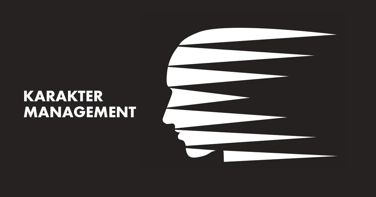 Schwarz-weiß-Grafik eines menschlichen Kopfprofils mit horizontalen, zerrissenen Linien, daneben der Text 'KARAKTER MANAGEMENT'.