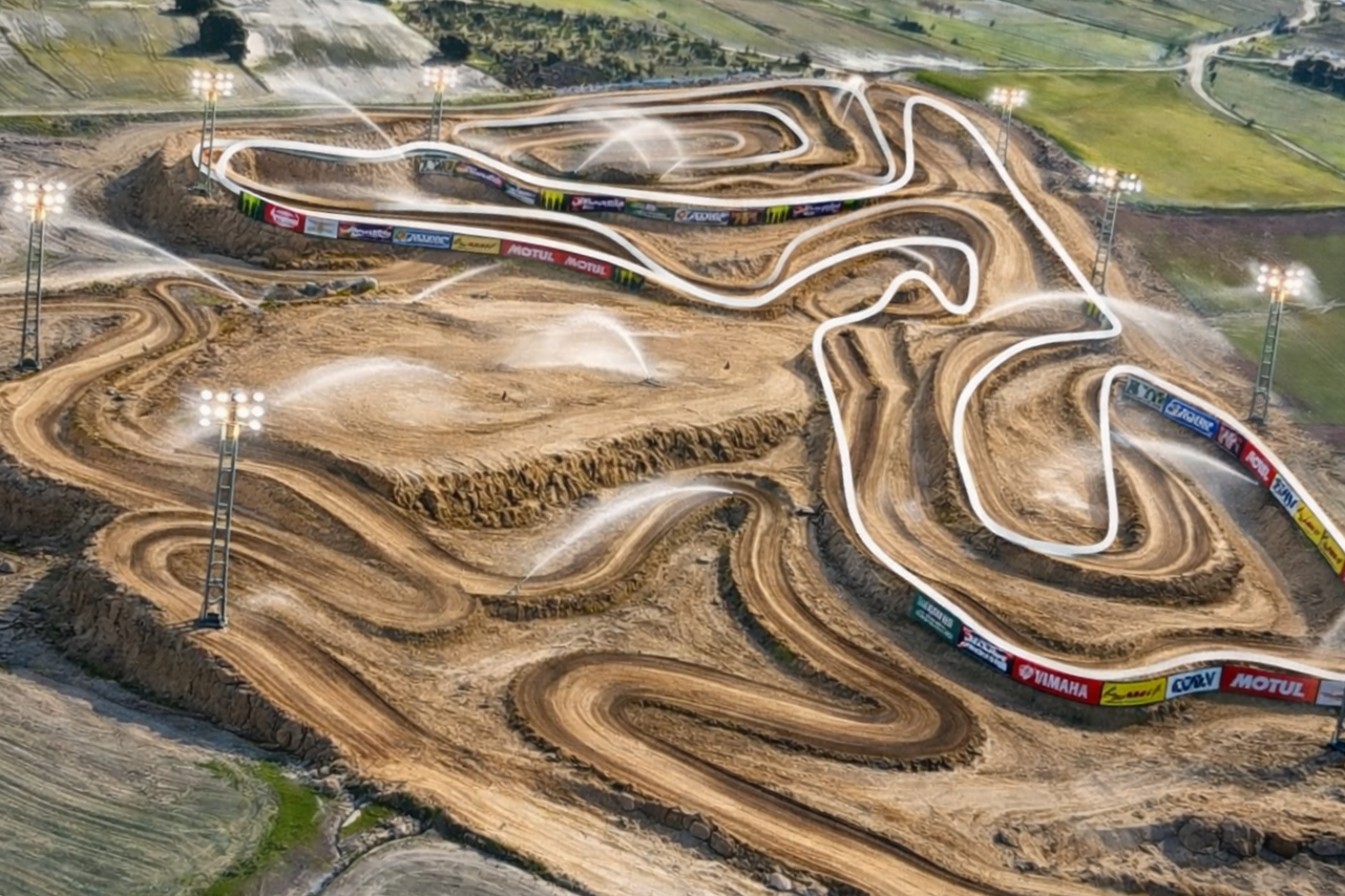 Pista de carreras de motocross con curvas y saltos, iluminación artificial y vallas publicitarias, riego