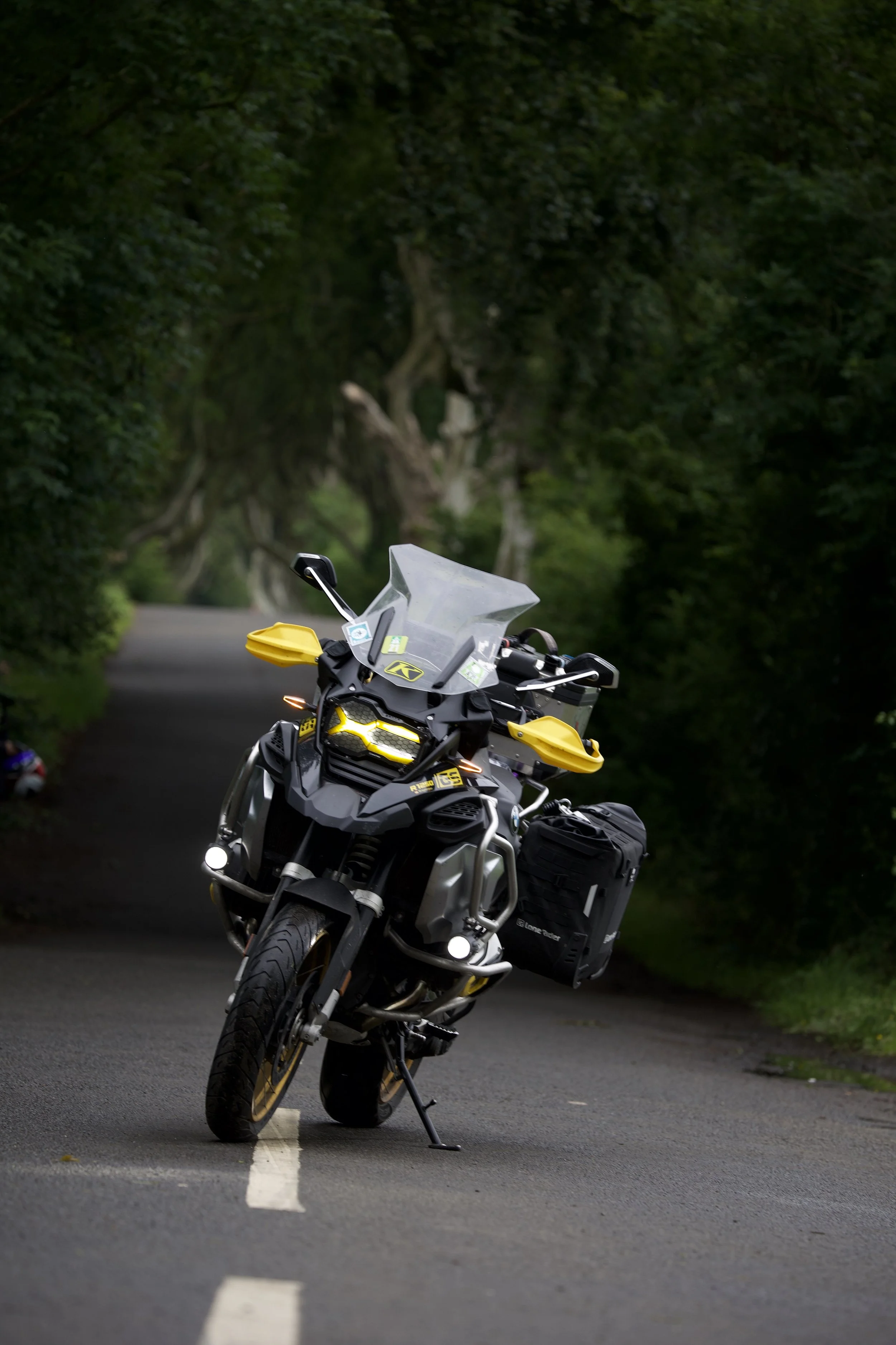 Motocicleta negra con detalles amarillos en una carretera rodeada de árboles verdes.