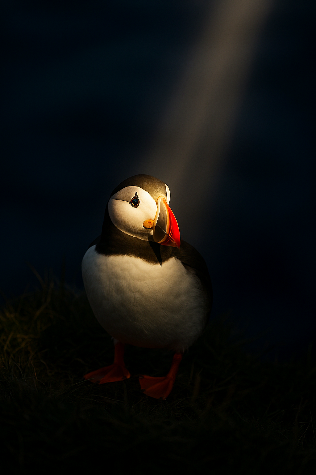 Un pingüino de patas naranjas en un entorno oscuro, con una luz que ilumina suavemente su cabeza y cuerpo.
