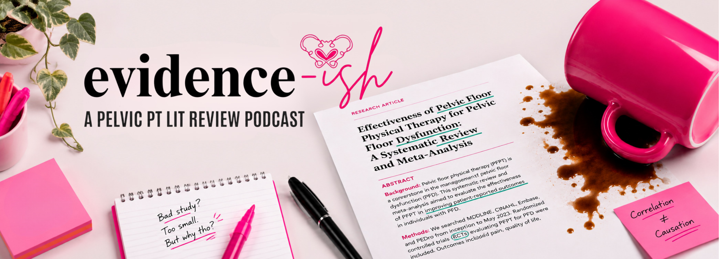 A research article titled 'Effectiveness of Pelvic Floor Physical Therapy for Pelvic Floor Dysfunction: A Systematic Review and Meta-Analysis' is shown on a desk, with spilled coffee in a pink cup nearby. Around it are pink sticky notes, one with 'Bad study? Too small. But why tho?' written on it, a black pen, pink and black markers, a pink mug, and a small potted plant.