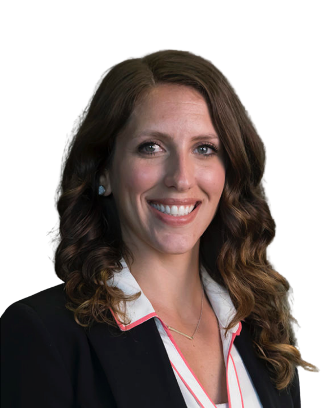 Portrait of a woman with brown, wavy hair, smiling, wearing a black blazer and white blouse.