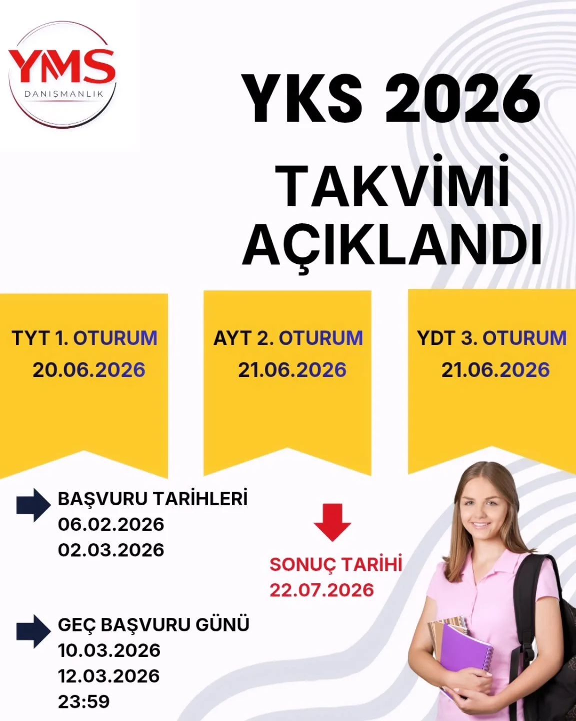 📌YKS 2026 Takvimi A&ccedil;ıklandı.

🗓TYT: 20 Haziran 2026
🗓 AYT &amp; YDT: 21 Haziran 2026

📍Baṣvuru: 6 Ṣubat - 2 Mart 2026

📍Ge&ccedil; Baṣvuru: 10 - 12 Mart 2026

📍Sonu&ccedil;: 22 Temmuz 2026

Sınava girecek t&uuml;m adaylara baṣarılar dile