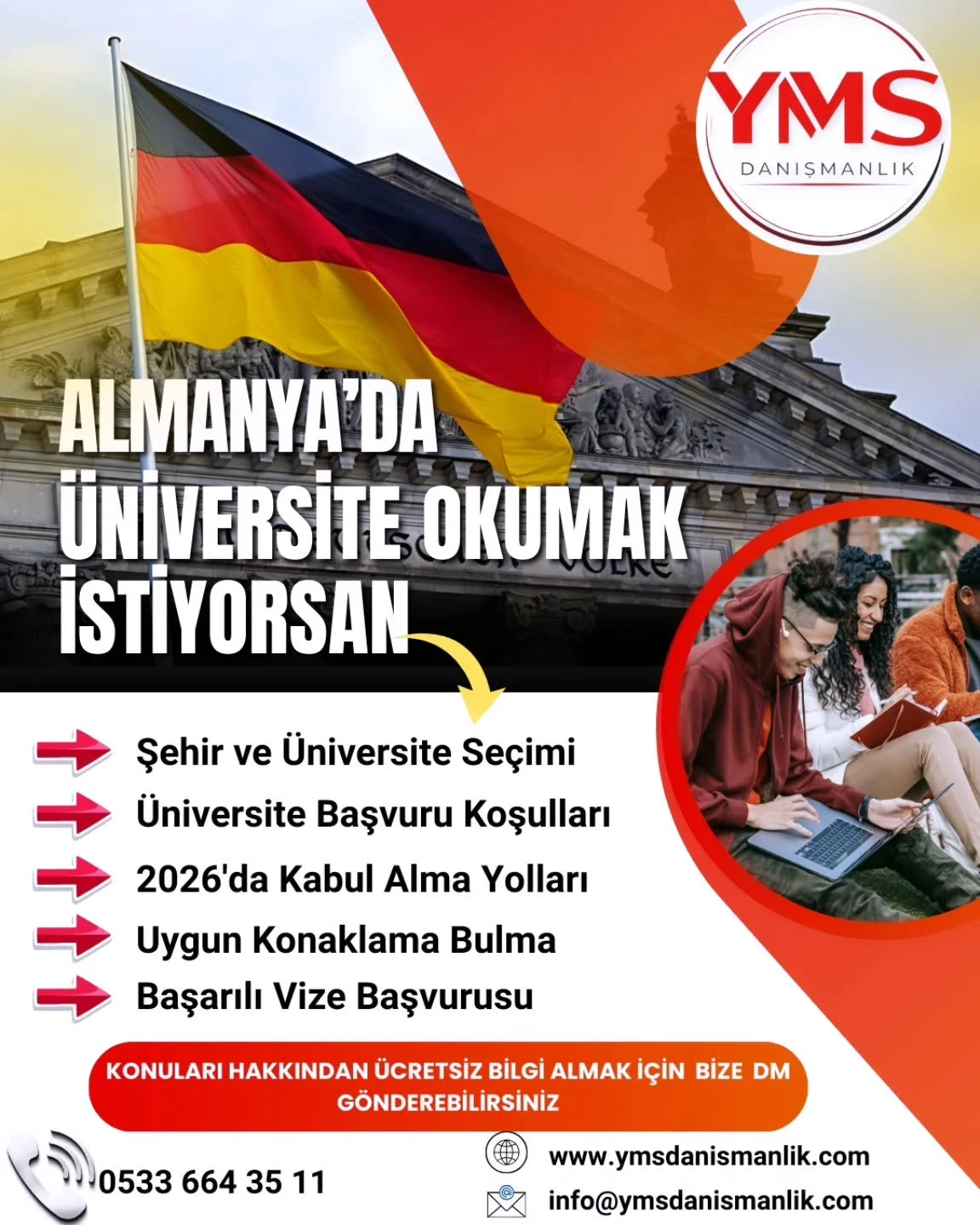 🇩🇪Almanya'da universite okumak bir hayal değil, doğru planlama meselesidir.

🎯Almanya hedefin ise,planlamayı erteleme.

Ancak kabul s&uuml;reci; yanlıṣ b&ouml;l&uuml;m se&ccedil;imi,eksik belge,hatalı strateji veya zamanlama hatası nedeniyle kolay