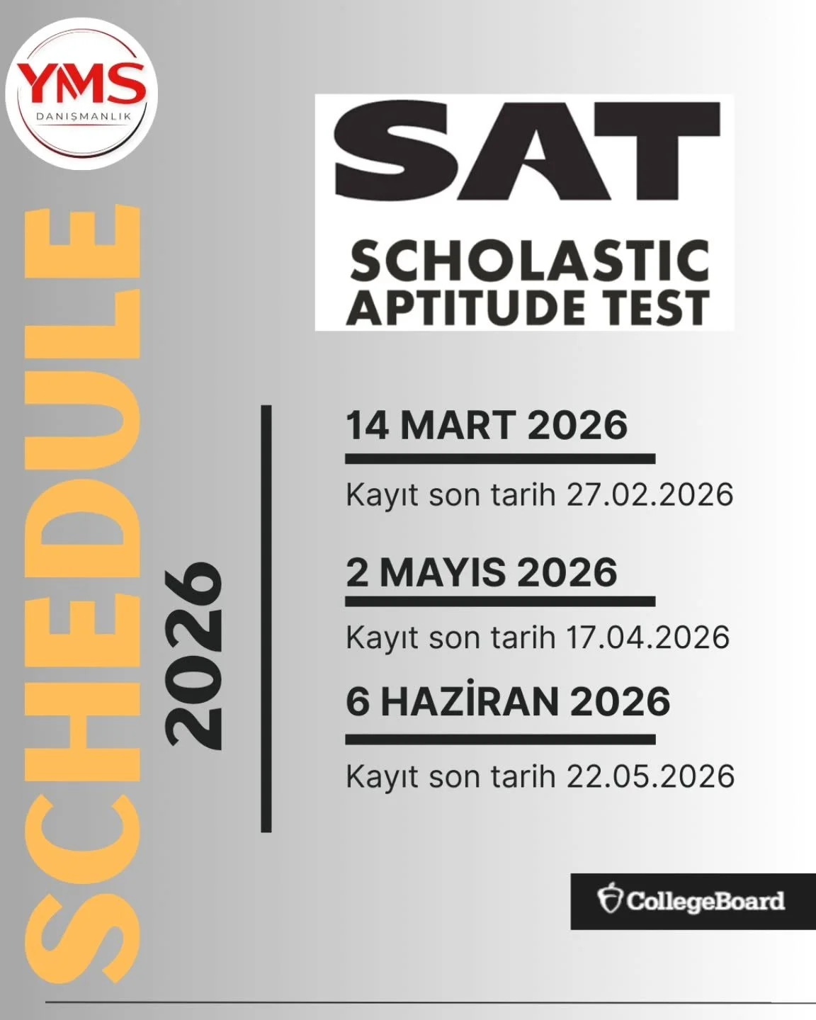 📢SAT(Scholastic Aptitude Test) neden &ouml;nemli?

Yurt dıṣında &uuml;niversite okumak isteyen &ouml;ğrenciler i&ccedil;in👇

➡️ Akademik seviyenizi uluslararasi standartta g&ouml;sterir.

➡️ Baṣvurularda rekabet avantajı sağlar

➡️ Bazı &uuml;niver