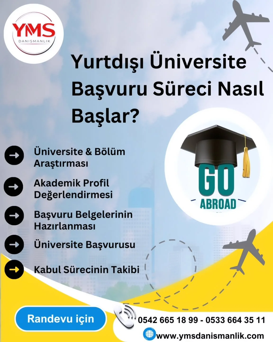 Yurtdıṣı &uuml;niversite baṣvuru s&uuml;reci bir&ccedil;ok &ouml;nemli adımdan oluṣmaktadır.

➡️ &Uuml;niversite ve b&ouml;l&uuml;m araṣtırması

➡️ Akademik profil değerlendirmesi

➡️ Baṣvuru belgelerinin hazırlanması

➡️ &Uuml;niversitelere baṣvuru
