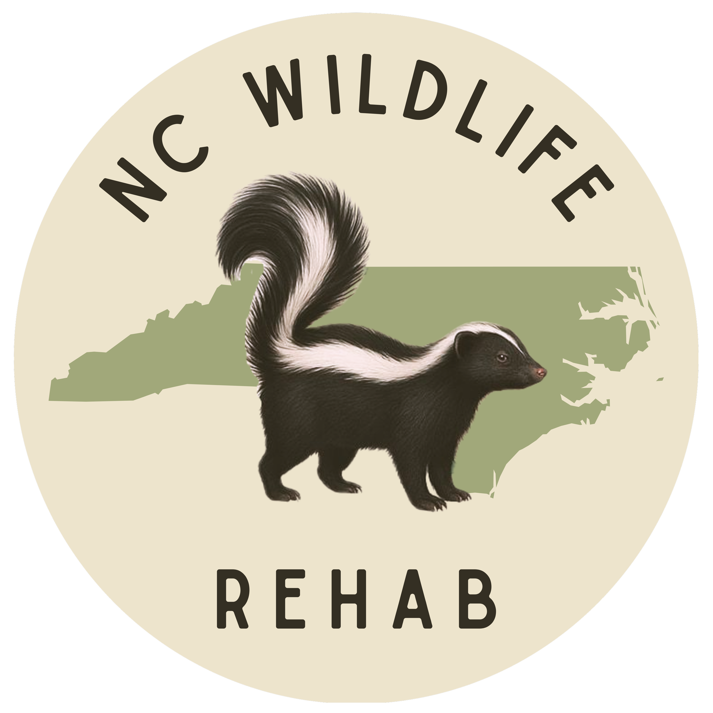 A circular logo for NC Wildlife Rehab featuring a cartoon skunk with black and white fur standing in front of an outline map of North Carolina on a beige background.